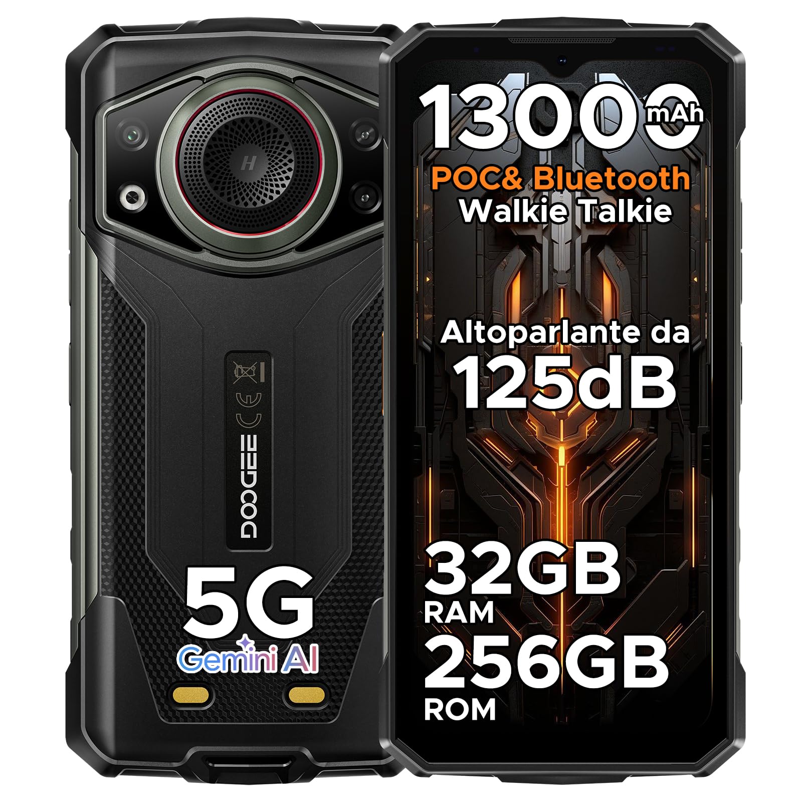 DOOGEE Fire 7 Ultra Rugged Smartphone 5G Andriod 15, 32GB+256GB, 13000mAh Telefono Indistruttibile, 64MP, Dimensity 6300 Octa Core/Bluetooth Walkie Talkie/POC/PTT/SOS/M6/125dB/3.5W Altoparlante-Grigio