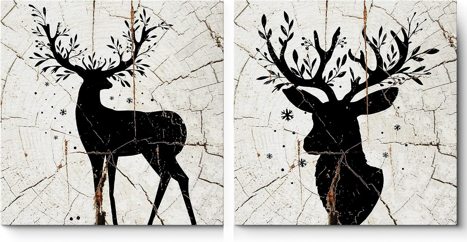 wall26 Canvas Print Wall Art Set Floral Abstract Deer Silhouettes on Wood Rings Animals Wildlife Illustrations Minimalism Chic Relax/Calm Dark Duotone for Living Room, Bedroom, Office - 12"x12"x2