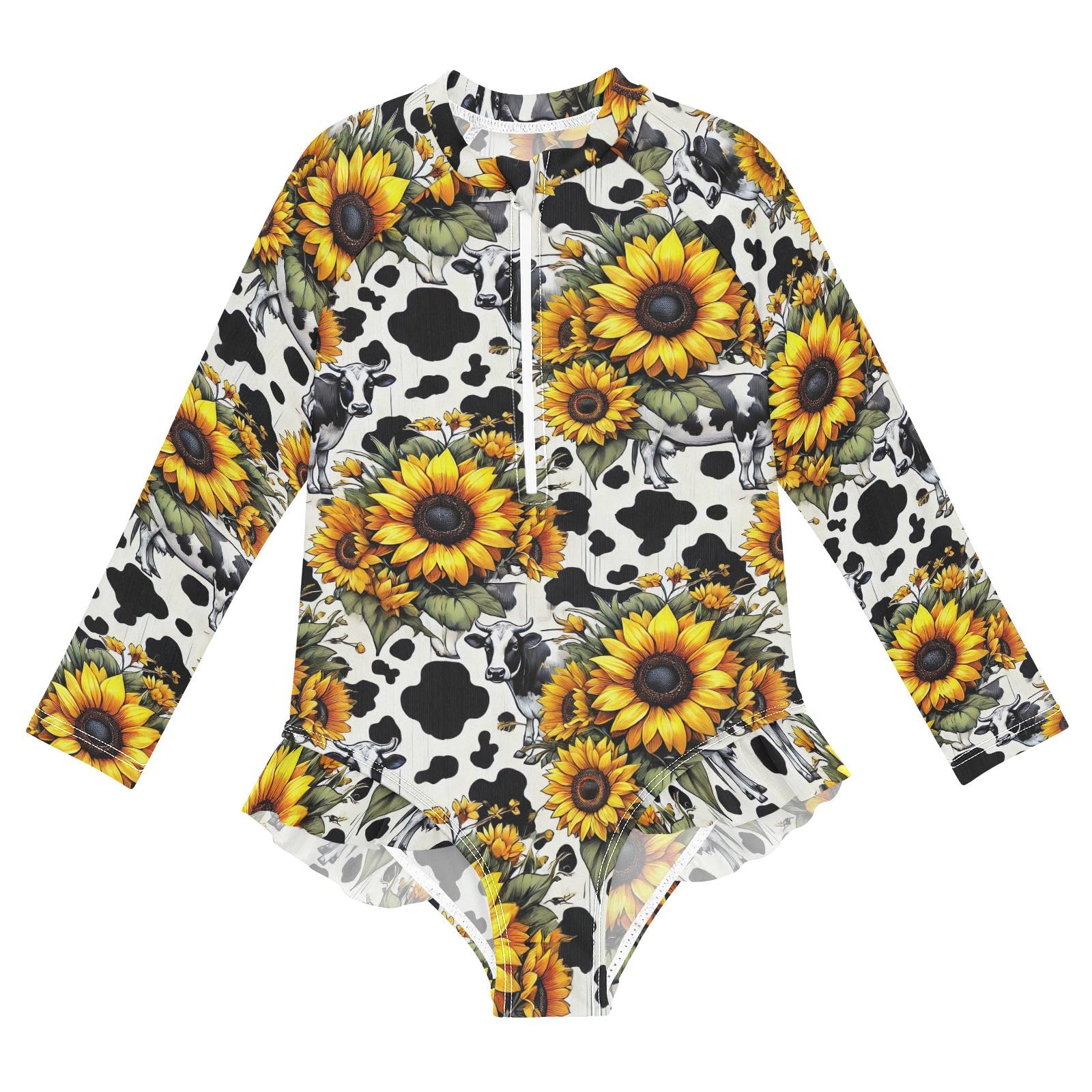 CHIFIGNO One Piece Swimsuits Girls Quick Dry Rash Guard Zipper Swimwear Sport Bathing Suit UPF 50+, Sunflowers Cow Print, 4T