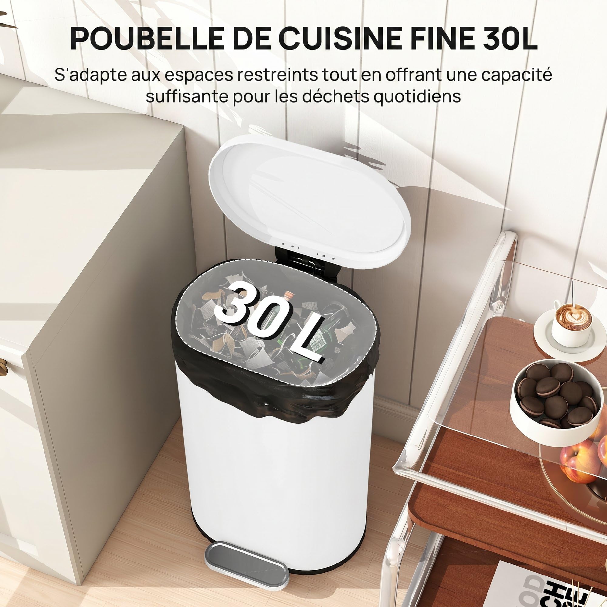 HOMCOM Poubelle cuisine 30L, poubelle à pédale rectangulaire avec seau intérieur amovible, couvercle à fermeture douce 90° et maintien en ouverture, anti-traces, pour bureau et maison, blanc