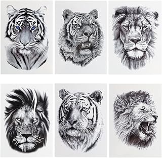 Gmaro 3D Realistic Tiger Lion Temporary Tattoos 6 Sheets Waterproof Forearm Transfer Fake Tattoo Stickers Body Art Large Tattoo Sticker Animals Pattern Kits Easter Party For Women Men