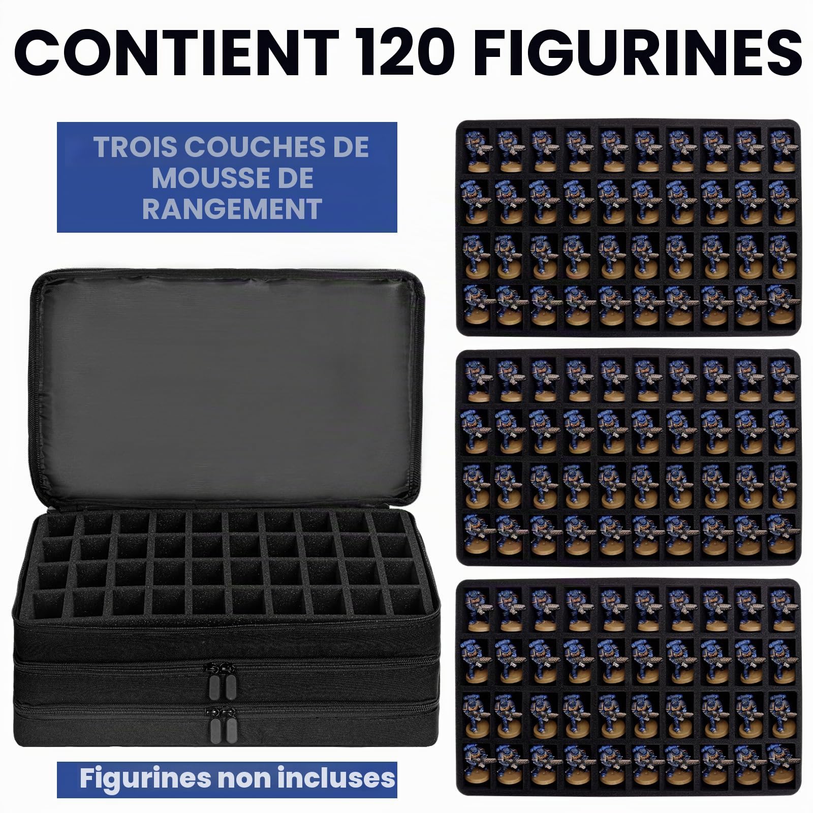 Sac de transport pour figurines miniatures, 120 emplacements pour figurines miniatures compatibles avec les figurines 40K et D&D, étui de rangement miniature avec 3 plateaux en mousse, Noir