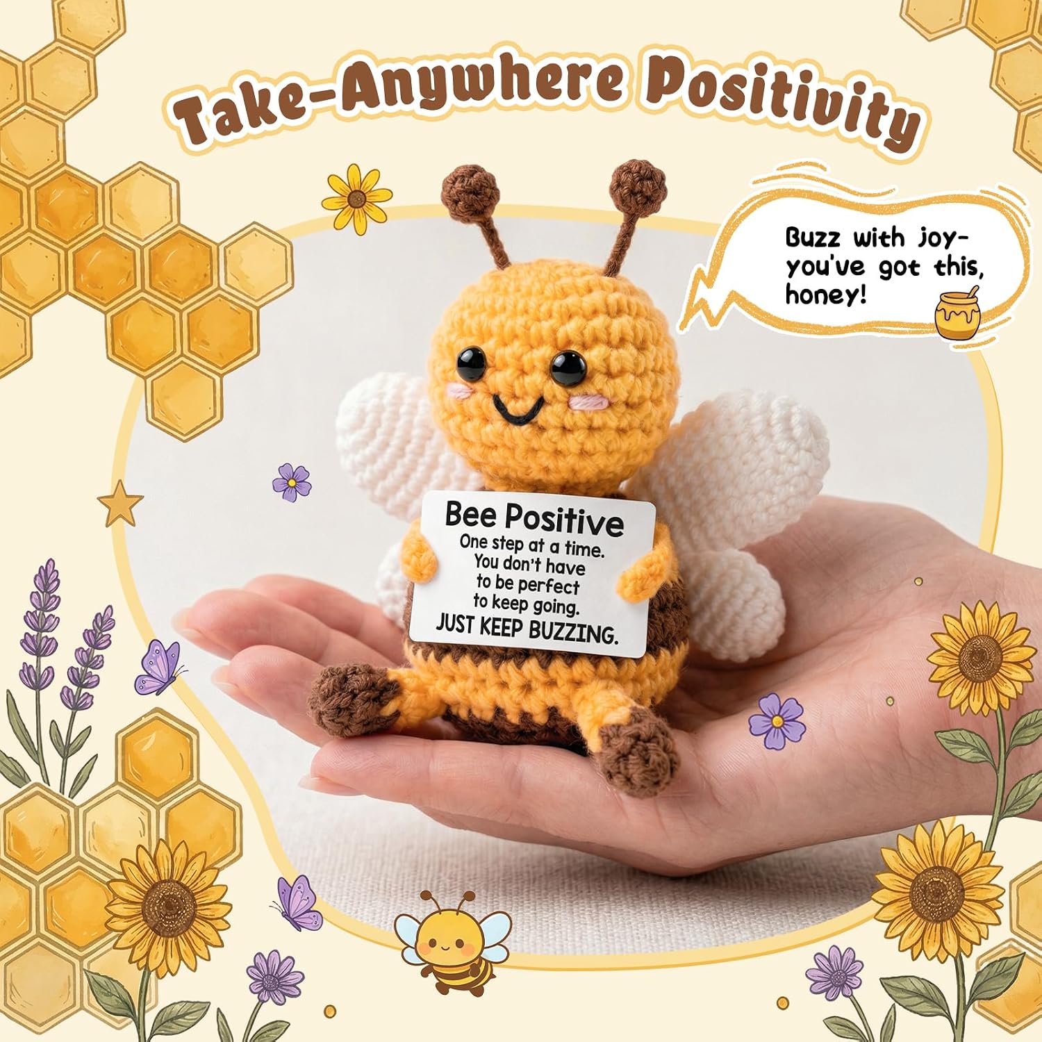 Positive Crochet Bee – Cute Handmade Encouragement Gift, “Bee Positive” Motivational Keepsake, Emotional Support Desk Decor, Birthday Graduation Holiday Present for Friends Coworkers