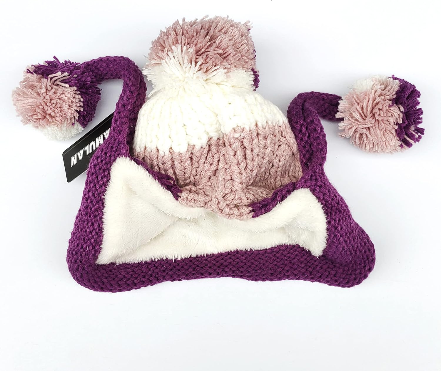 Women Winter Peruvian Cover Ears Beanie Hat Ear Flaps Sherpa Ski Snow Hats Knit Fleece Lined 3 Pom Pom - Image 5