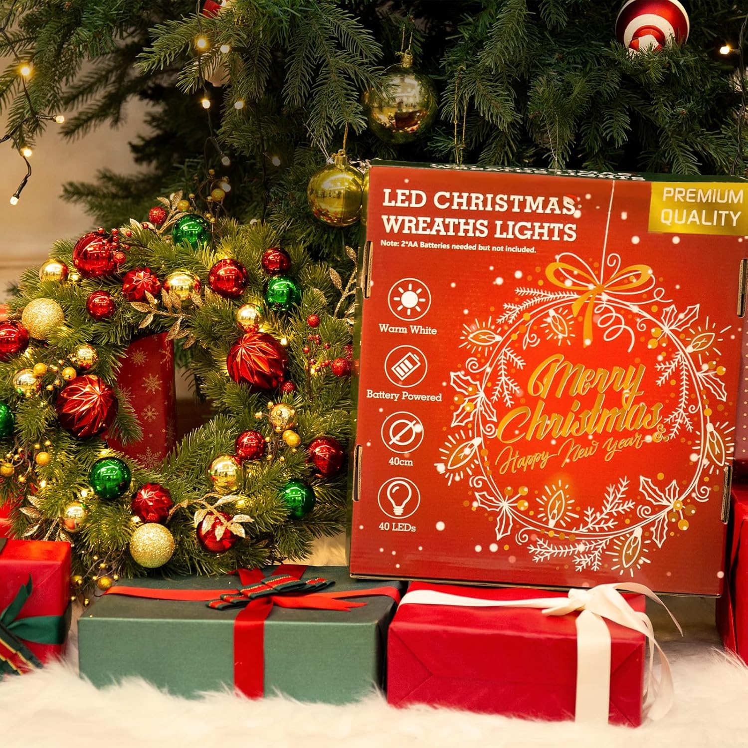 Avoalre Weihnachtskranz 40cm 40LEDs Lichterketten Timer Batteriebetrieben Künstlicher Kranz 8 Modi Innen Weihnachtsdeko mit Christbaumkugeln Türkranz für Weihnachten Fenster Tür | Künstlicher Kranz 8 Modi Innen Weihnachtsdeko mit Christbaumkugeln Türkranz