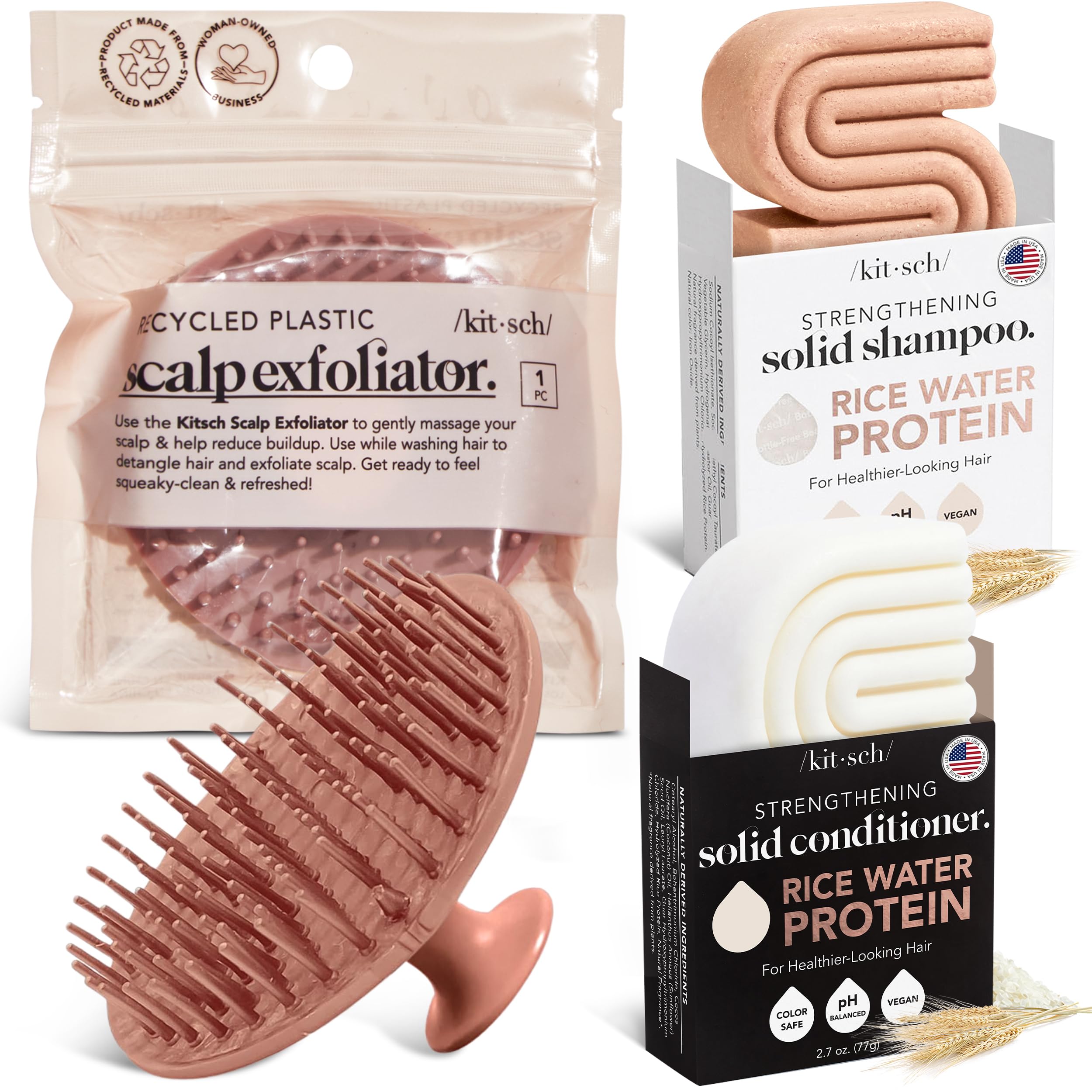 Scalp Massager Brush + Rice Water Shampoo & Conditioner Bars Bundle – Exfoliates Scalp, Strengthens Hair, Boosts Volume – Silicone-Free, Eco-Friendly Hair Care for All Hair Types