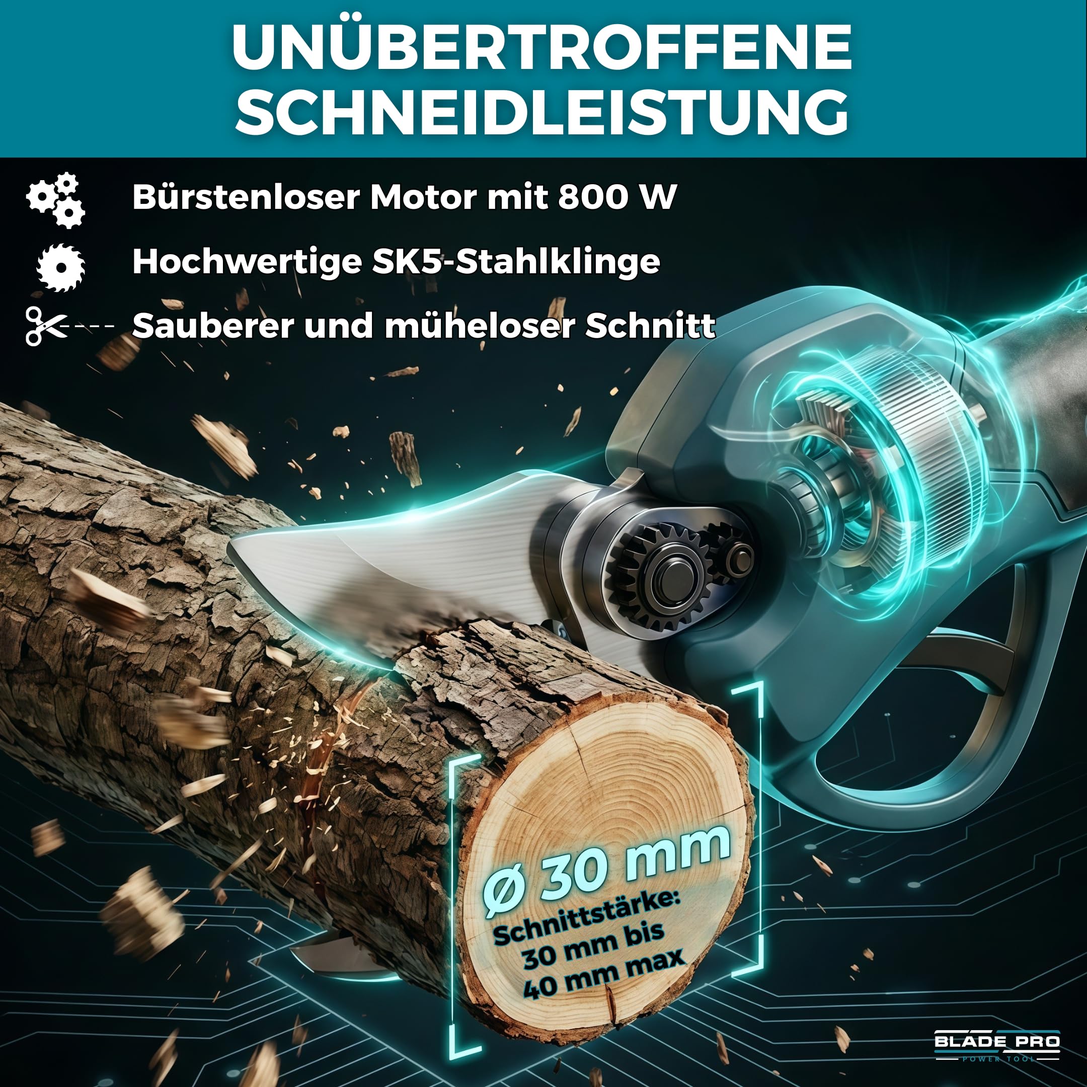 Bladepro Akku-Astschere 40 mm, elektrische Gartenschere kabellos – 800 W bürstenloser Motor, SK5-Stahlklinge – 2x 2,0 Ah Akkus, LED-Display, inkl. Koffer