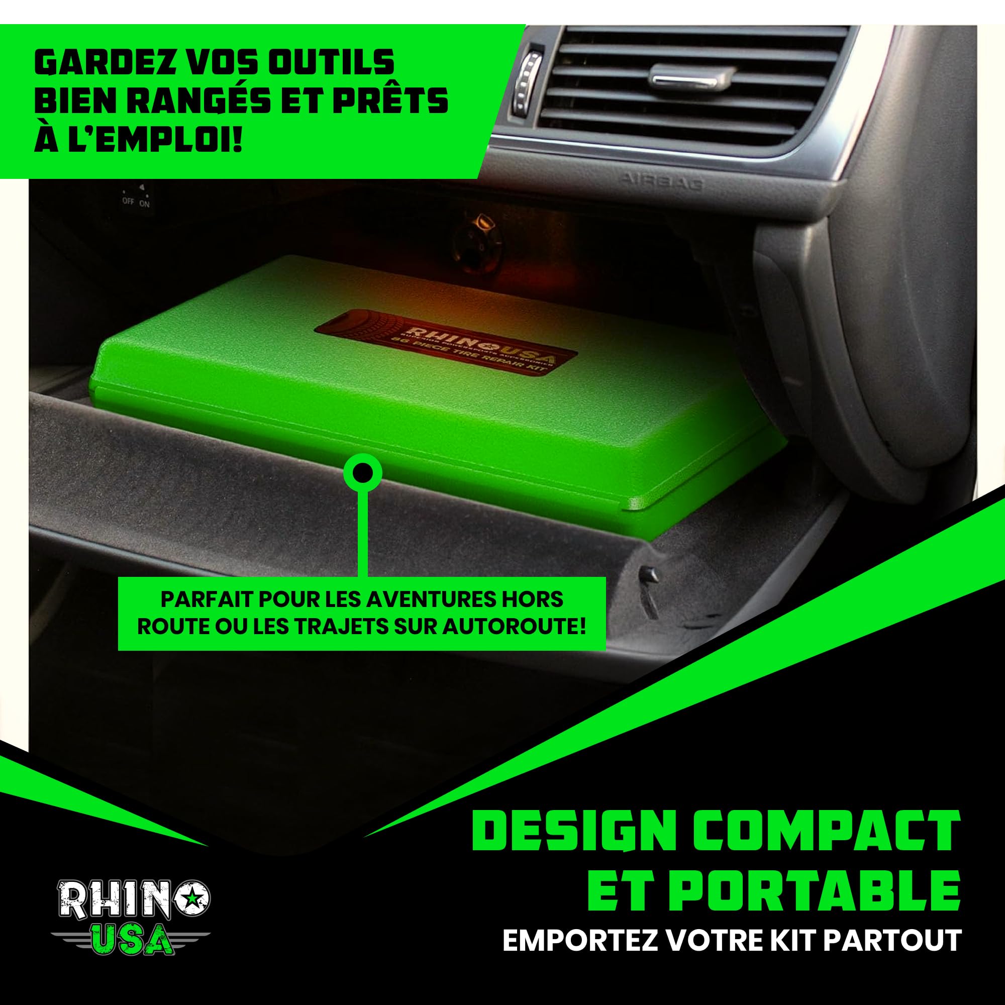Rhino USA Kit de Réparation de Pneus (86 pièces) Kit Professionnel pour réparer crevaisons & rustines tubeless – Outils complets pour Voiture, Moto, Quad, UTV, Camping-Car et remorque