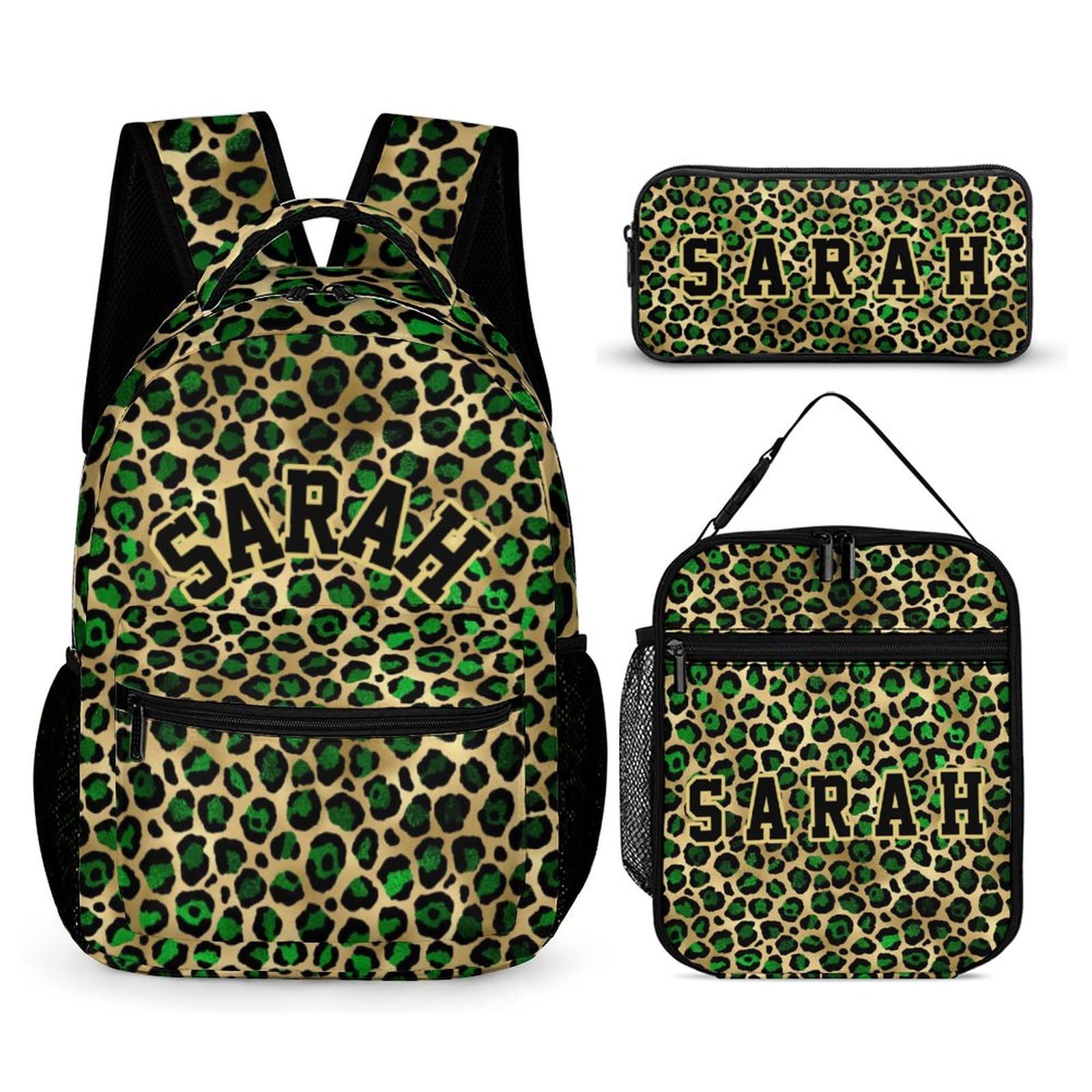 XOZOTY Personalized Green Gold Leopard Print Backpacks Sets for Boys Girls Backpack and Lunch Box Pencil Pouch Back to School Gifts for Daughter Son