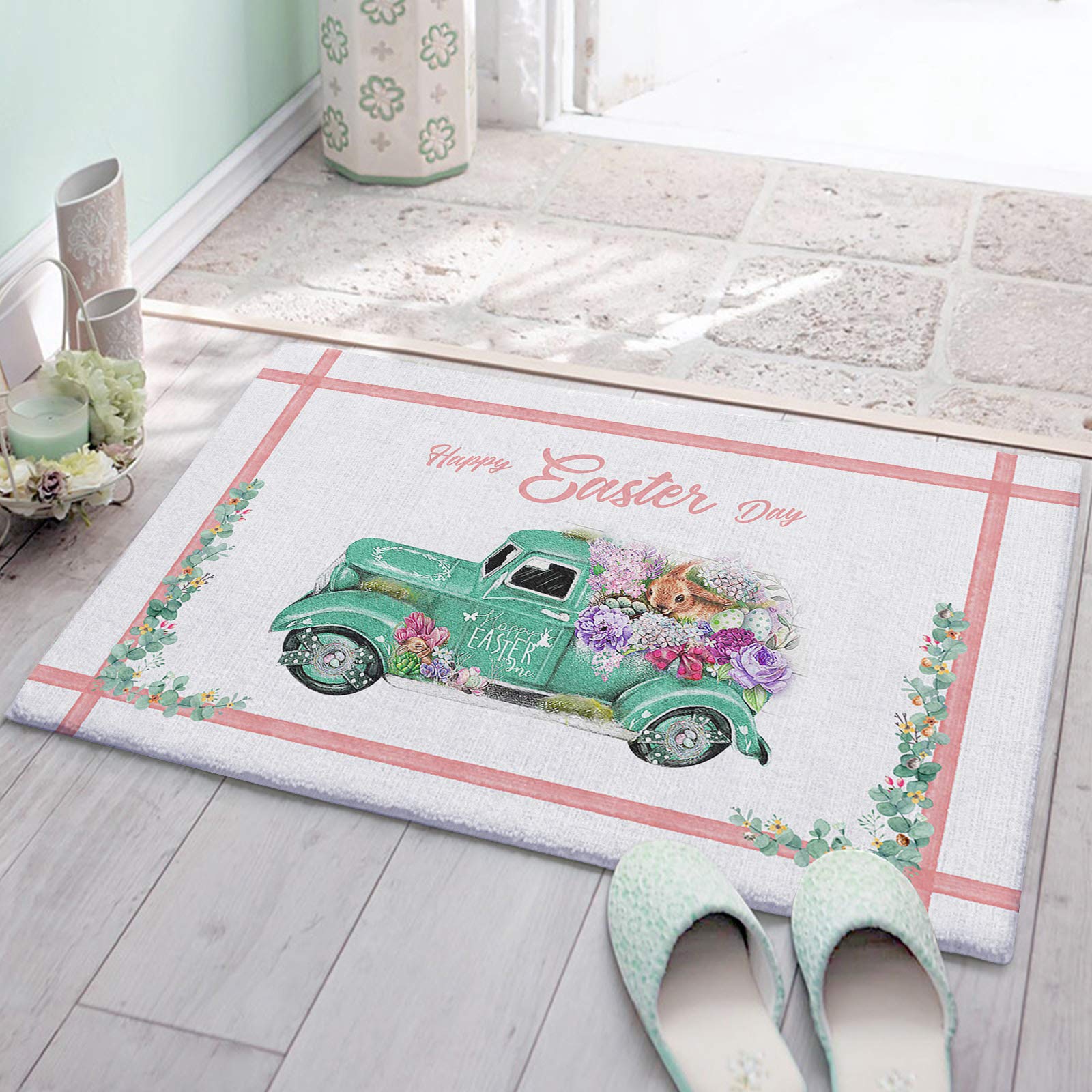 ARTSHOWING Easter Plant Car Indoor Door Mat Entryway Rug Floor Mats for Home, 16x24inch Front Back Plush Door Rugs Non Slip Super Absorbent Doormat, Retro Truck with Rubbit Colorful Flowers