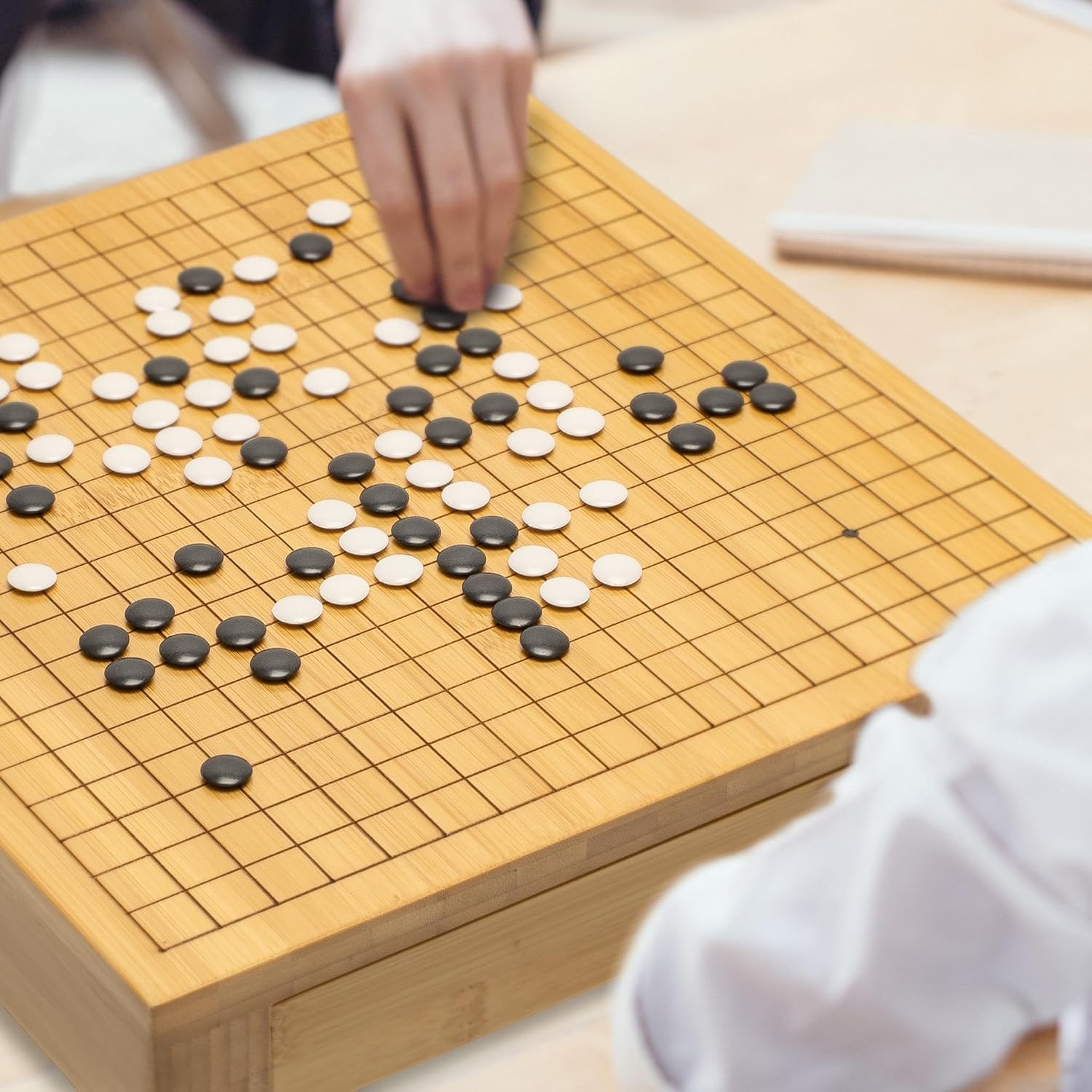 Bamboo Go Game Set – 12.6 x 12.2-Inch Wooden Board with Pull-Out Storage Drawers & Double Convex Melamine Stones – Full-Size Baduk/Weiqi Strategy Game by Yellow Mountain Imports