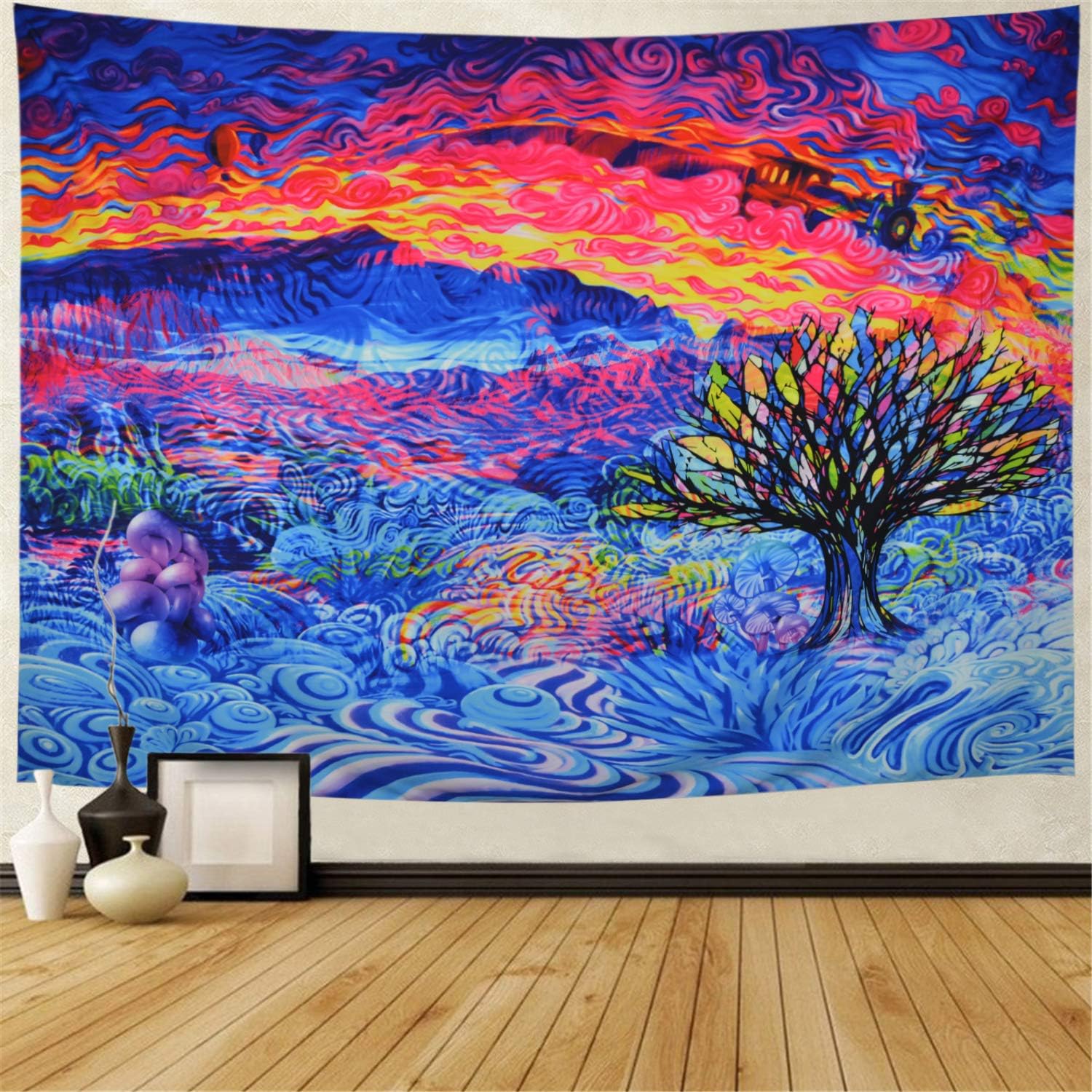 Psychedelic Tapestry Colorful Mountain Abstract Art Tapestries Trippy Landscape Tapestry Splash Cloud Magical Tree Fantasy Mushrooms Wall Hanging Tapestry for Bedroom Dorm H51.2× W59.1 inches