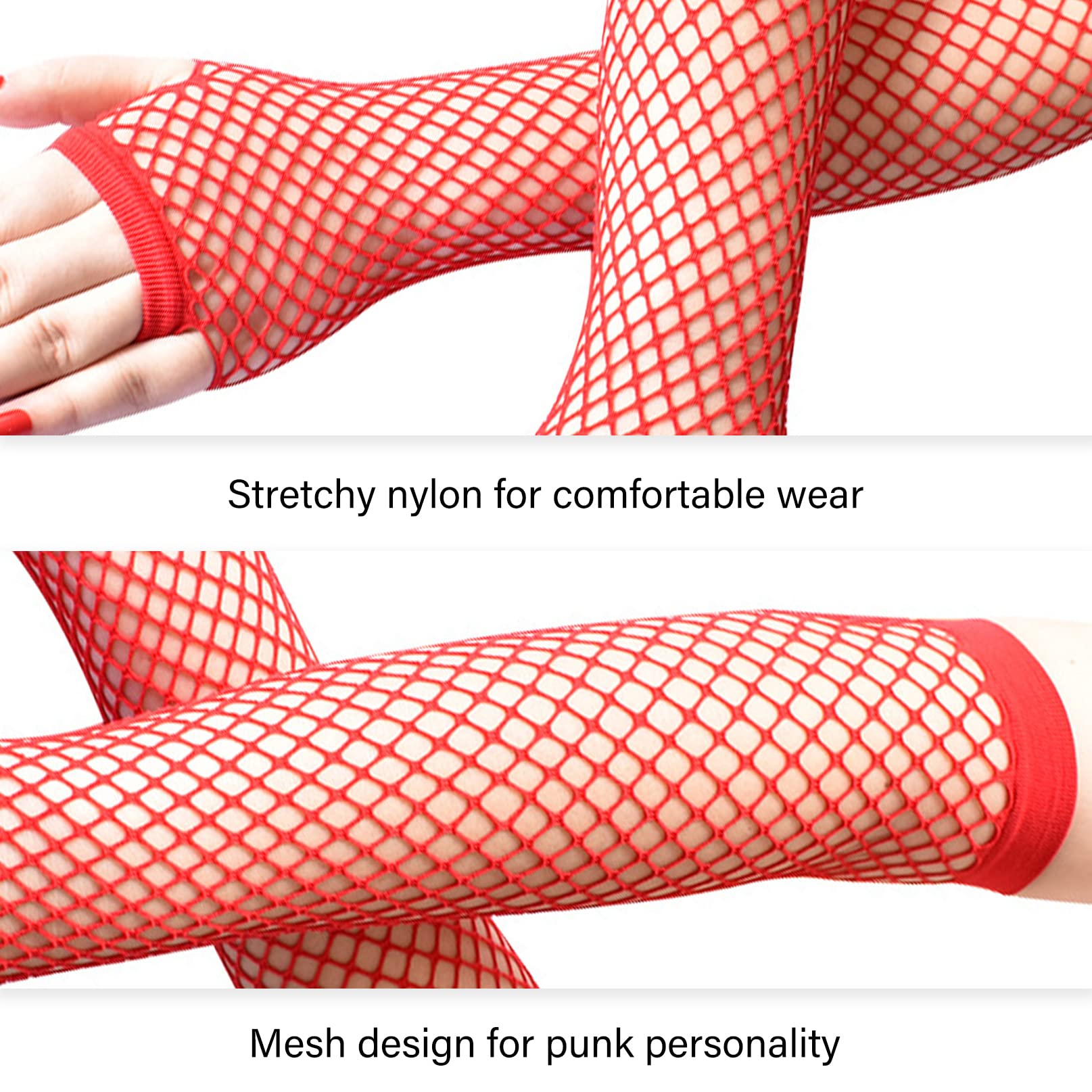 COSFAN 2 works Fingerless Fishnet Gloves 80s Gloves for Women Stretchable Mesh Gloves Nylon Hollow Glove for Dance Halloween Party (Red) - Image 3