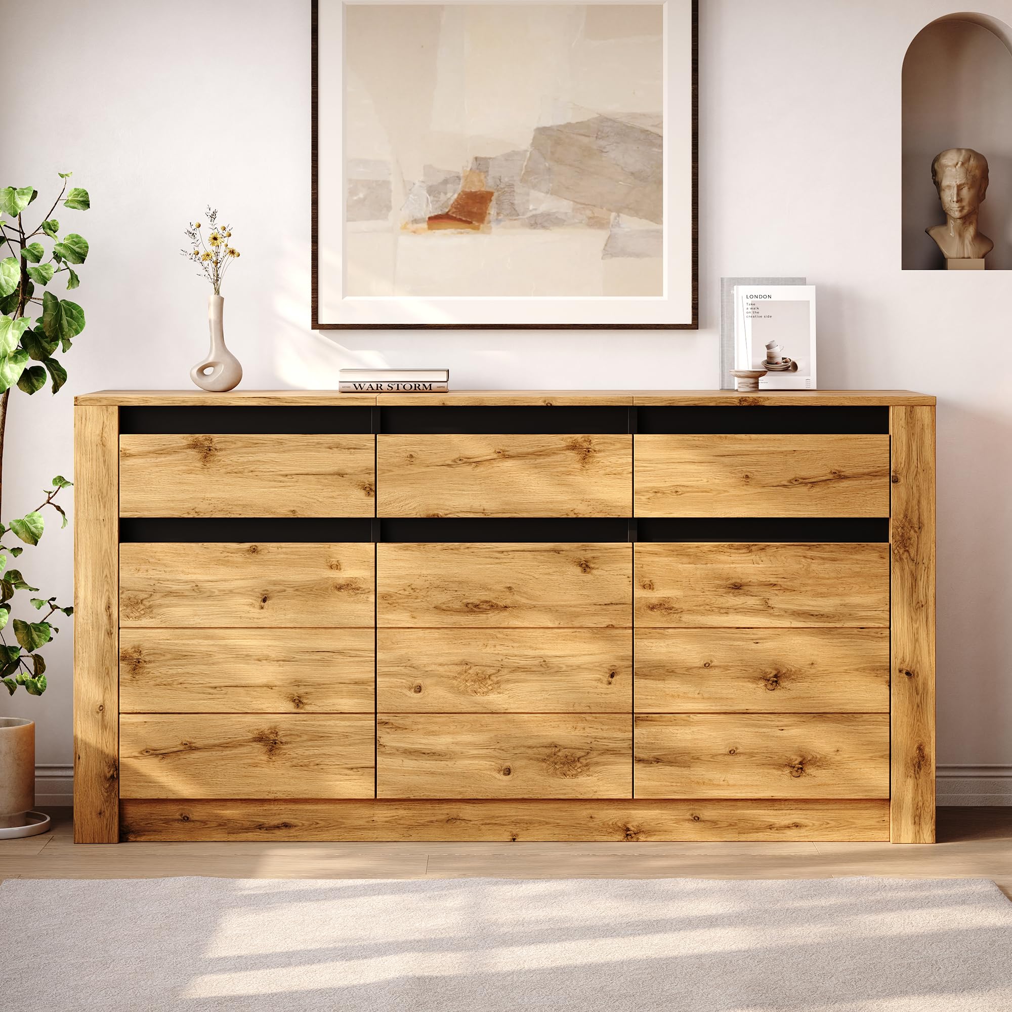 Kredens 135 x 35 x 70 cm, duża przestrzeń do przechowywania z 3 szufladami, 3 drzwi, komoda do salonu, jadalni, sypialni, korytarza, szafka bufetowa, płyta wiórowa, szafka pomocnicza, kolor drewna