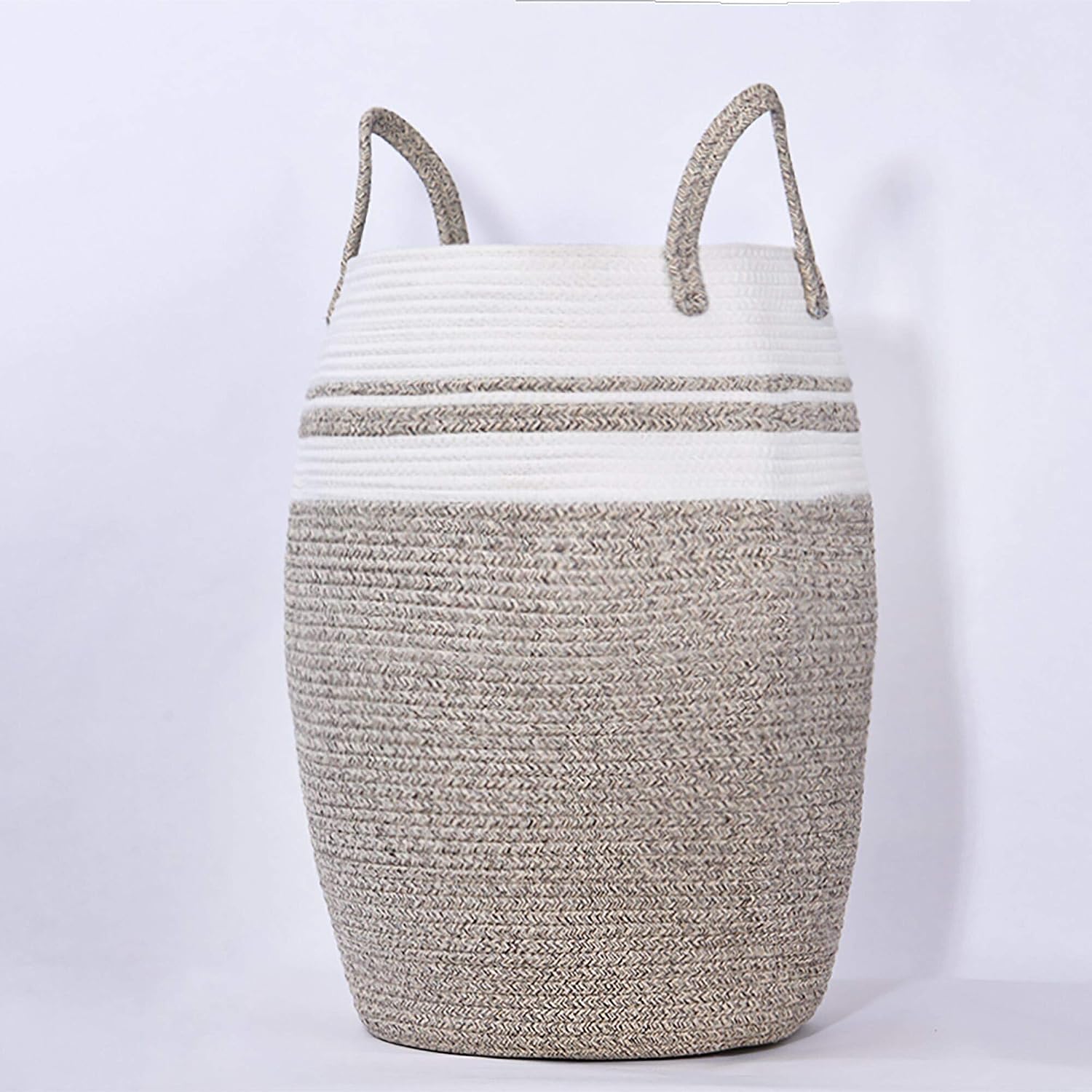 Boho Laundry Hamper for Bedroom and Bathroom, Large Woven Basket with Handles, Corner, Rope Cotton, Round 22“, Yellow Variegated