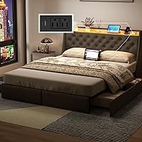 Vista 8 de Base de cama Queen con 4 cajones de almacenamiento y luces LED, plataforma tapizada tamaño Queen con estación de carga, soporte de listones