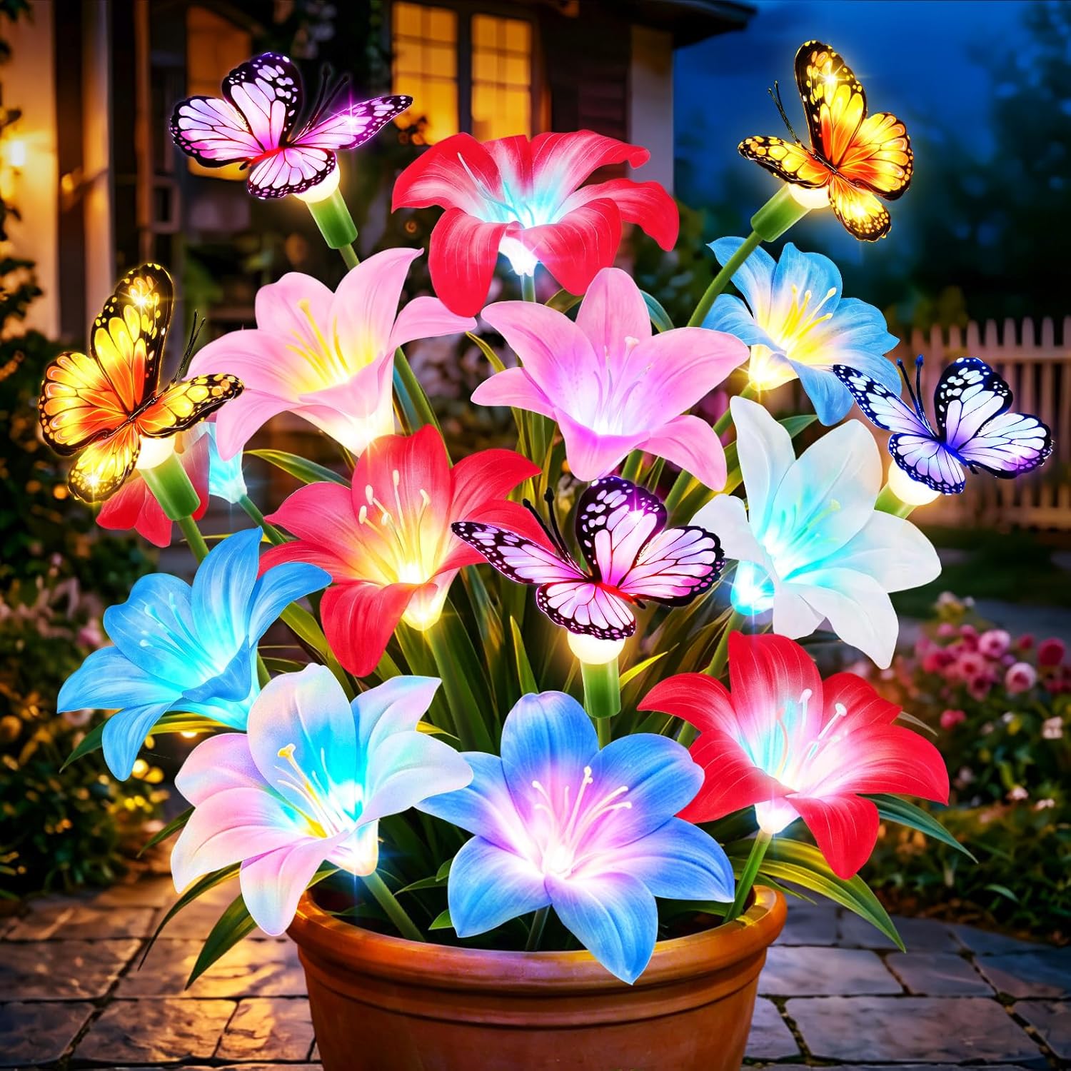 Solar Garden Lights Outdoor, 4 Pack Lily Solar Flowers with Butterfly, 32 LED 800mAh Waterproof Solar Flowers for Outside, 7 Color Changing Adjustable Stems for Yard Patio Garden Decor, Gift for Mom