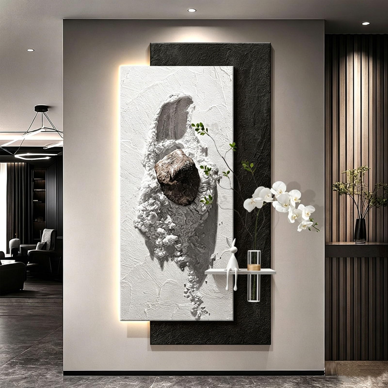KEIFCUACLA Sandstone Wall Decor with LED Lighting,Modern-Style Decorative Art Piece (Complete with Vase and Faux Plants), Suitable for Living Rooms and Entryways(B,70 * 140cm/27.5 * 55.1in)