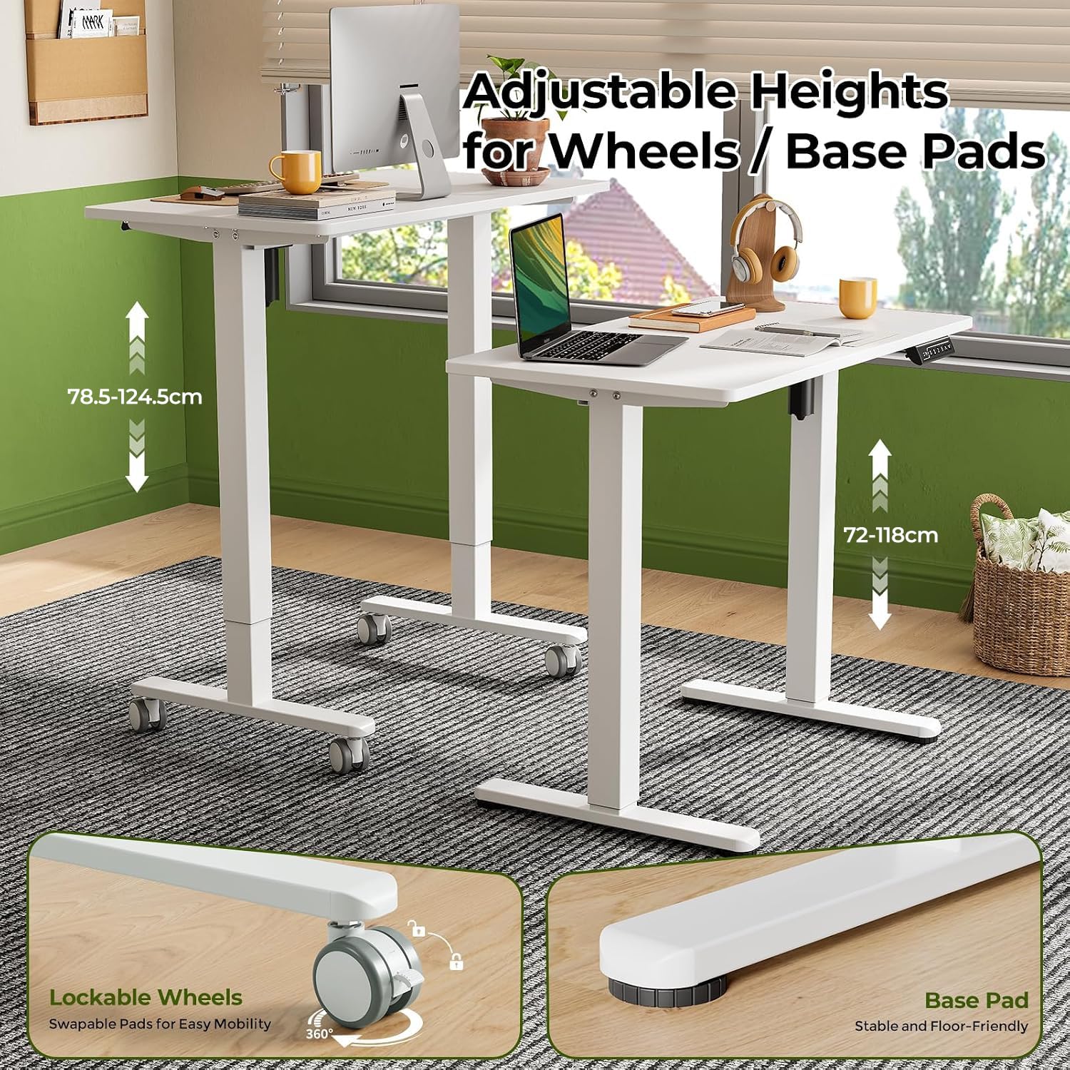 Gibbon Mounts 88x50cm Kleiner höhenverstellbarer Schreibtisch mit Rollen | Mobiler elektrischer Computertisch mit weißer einteiliger Tischplatte & 4 feststellbaren Räder, für kleine Wohnbereiche
