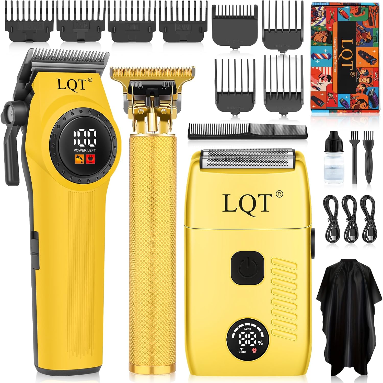 Hair Clippers for Men, 3-Piece Professional Grooming Kit Includes Hair Clipper, LED Power Display,Detail Trimmer and foil Shaver, Complete Cordless Set for Home Barber Use (Gold)