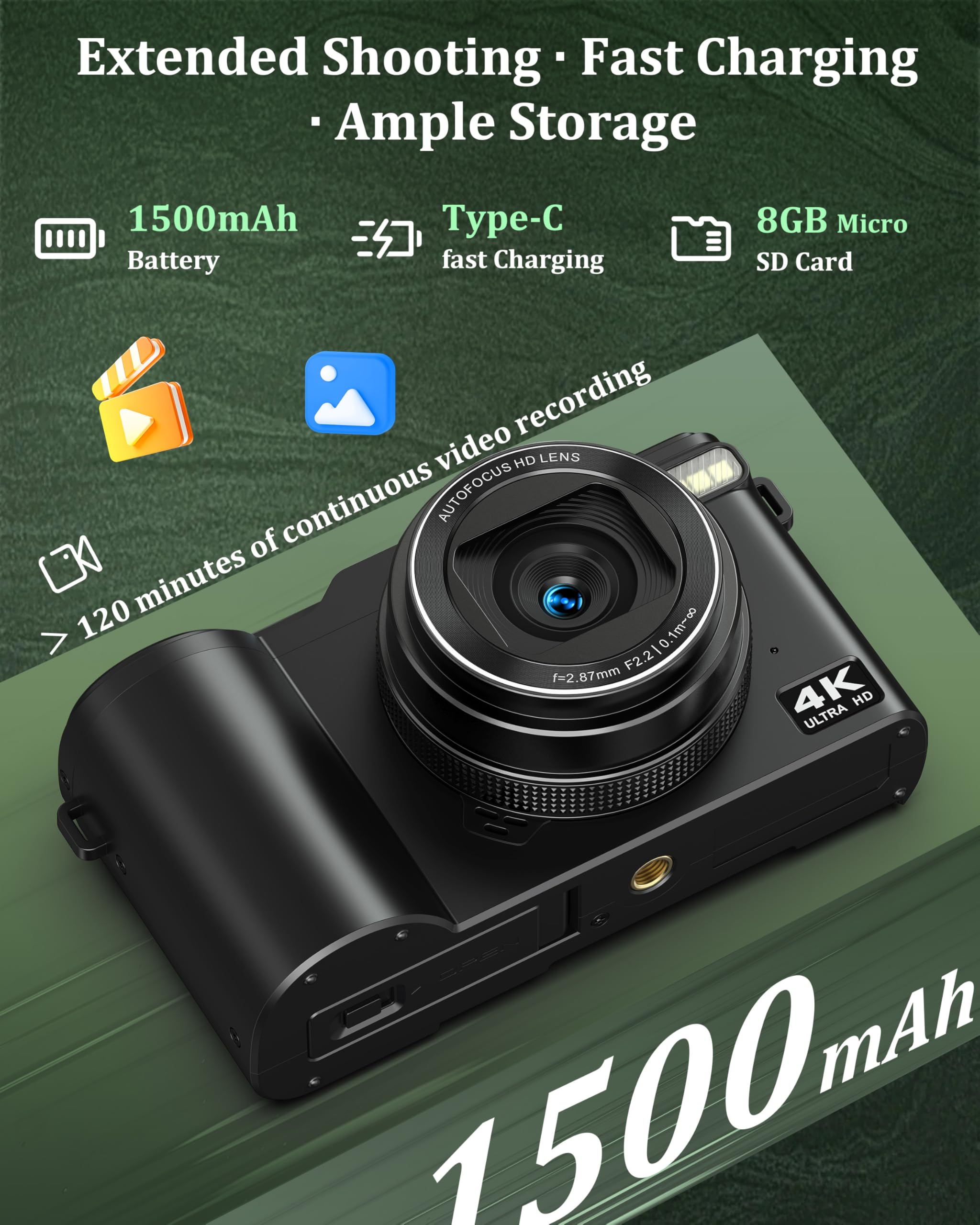 Fotocamera digitale 4K, 64 MP, fotocamera fotografica con schermo a flip da 3,0", 180°, autofocus con zoom digitale 18x, fotocamera compatta portatile con batteria da 1500 mAh, per adolescenti, adulti
