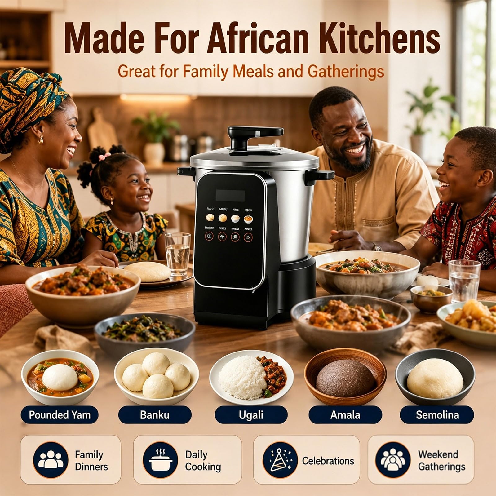 Fufu Maker 900 W, 6 l, automatyczny robot kuchenny do naczyń afrykańskich, ekran dotykowy LED, łatwy do czyszczenia, stal nierdzewna, idealny do Yam, Ugali, Amala, semoliny