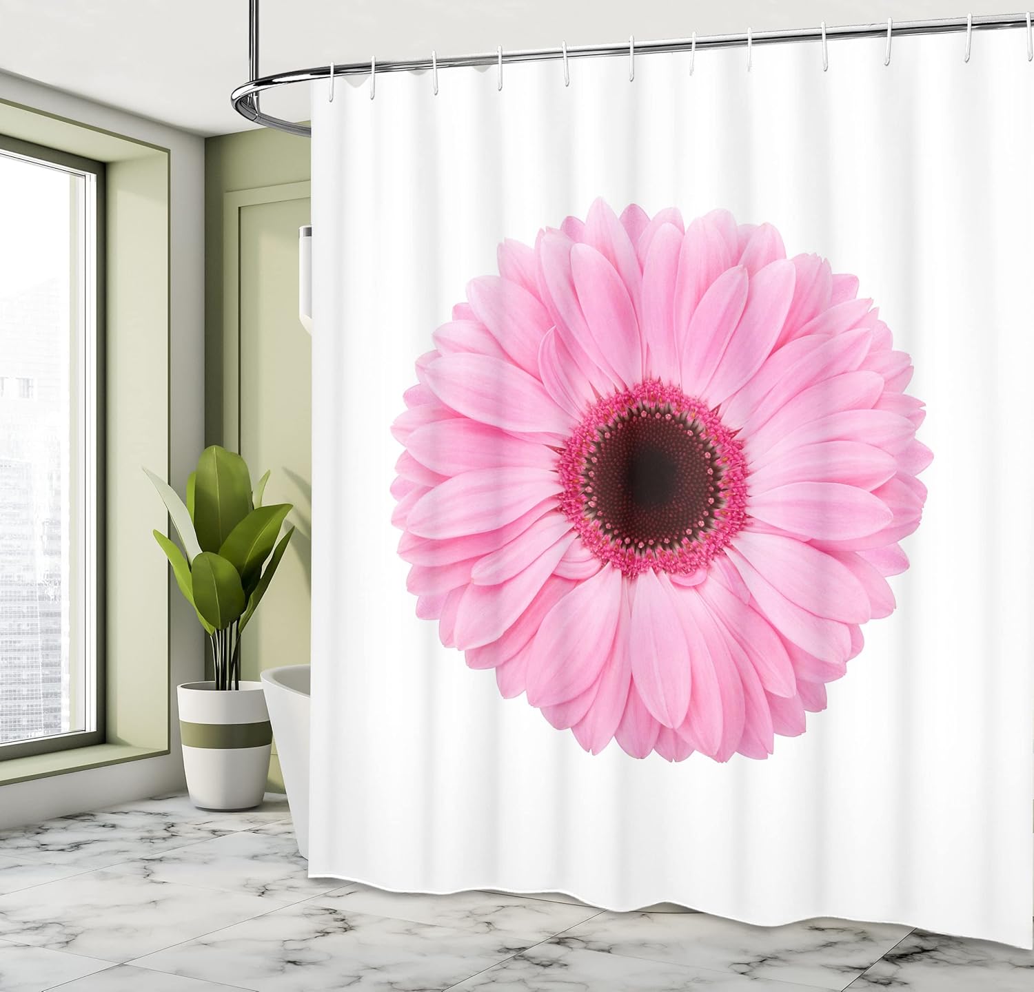 Ambesonne Pink and White Shower Curtain, Classic Gerbera Daisy Garden Plants of Spring Growth Single Flower, Cloth Fabric Bathroom Decor Set with Hooks, 69" W x 75" L, Pale Pink