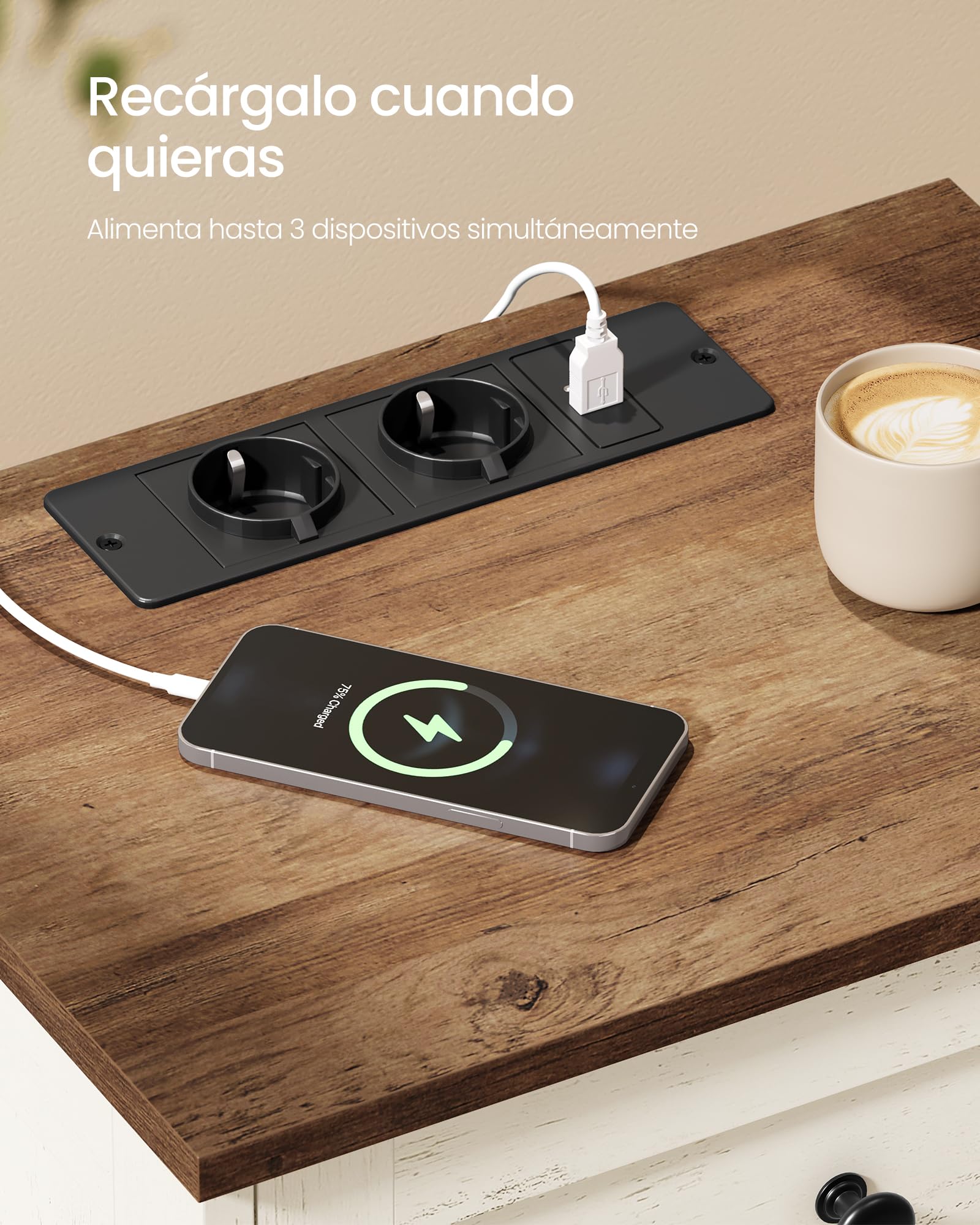 VASAGLE Mesita de Noche con Enchufes, Mesa Auxiliar con 3 Cajones y Compartimento Abierto, 40 x 30 x 59 cm, para Dormitorio, Salón, Blanco Rústico y Marrón Miel, Colección Siren LET668WJ01