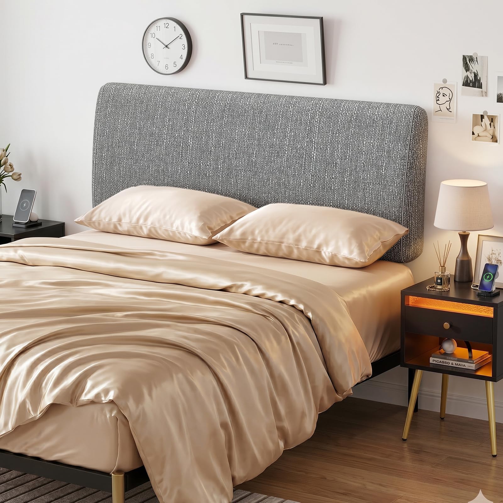 Pinmoco 4.7” Upholstered Headboard for Queen Size Bed, No Drill Needed, 5 Min Assembly, Headboard for 8–14 Inch Mattress, Perfect for Renters Dorm Kids Pet, Linen Gray