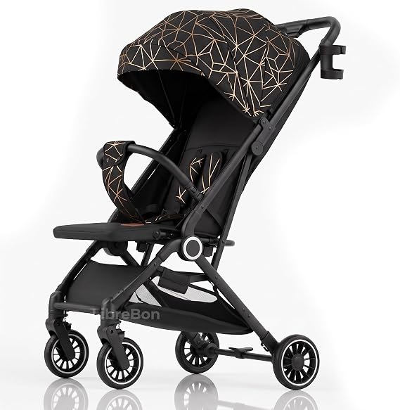 Lightweight Stroller, Baby Pushchair, Compact Travel Buggy, One Hand Foldable, Upgraded Wheels, All Seasons Stroller, Up to 22kg - 48 Months, Cabin Approved (Black - Golden Net, SPD1)