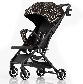 Lightweight Stroller, Baby Pushchair, Compact Travel Buggy, One Hand Foldable, Upgraded Wheels, All Seasons Stroller, Up to 22kg - 48 Months, Cabin Approved (Black - Golden Net, SPD1)
