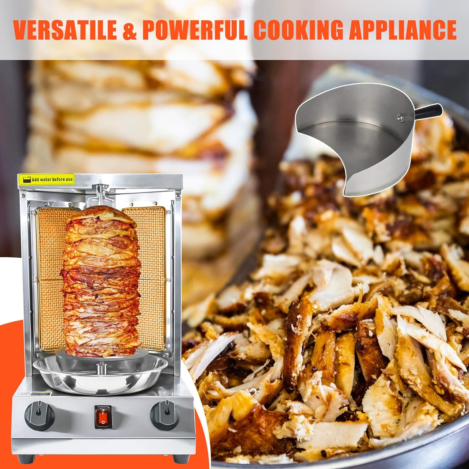 KOOTEN Shawarma Machine Vertical Propane Gyro Machine Chicken Roaster Machine Doner Kebab Machine wih 2 Burners and Meat Catch Pan