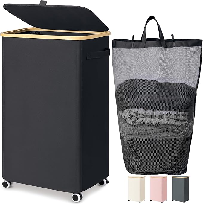 Goodpick Laundry Basket with Wheels, Large Laundry Hamper with Lid 100L Clothes Hamper with Removable Laundry Bag Collapsible Dirty Clothes Basket for Laundry Room, Bedroom, Beige
