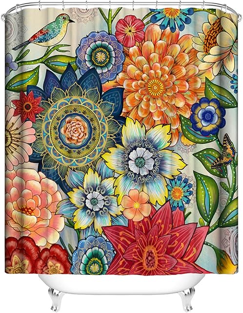 Geebuzz Floral Shower Curtain with 12 Hooks Waterproof Bathroom Flowers Shower Curtains, 72x72 Inch (Red)