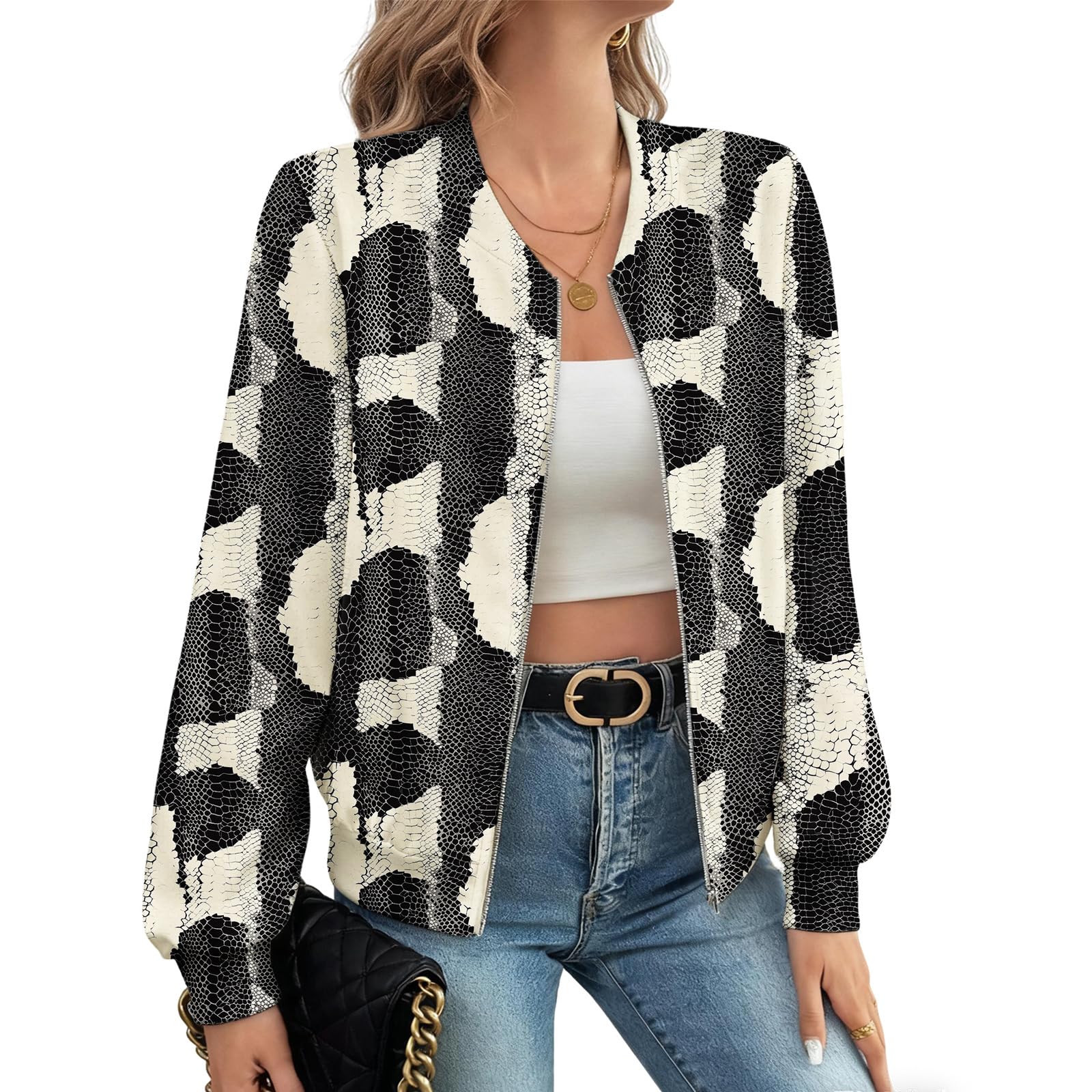 ZOCAVIA Boho Jacket for Women Vintage Long Sleeve Leopard Tops Fall Casual Loose Floral Bomber Jacket Zip up Y2k Outerwear Snake Pattern Large