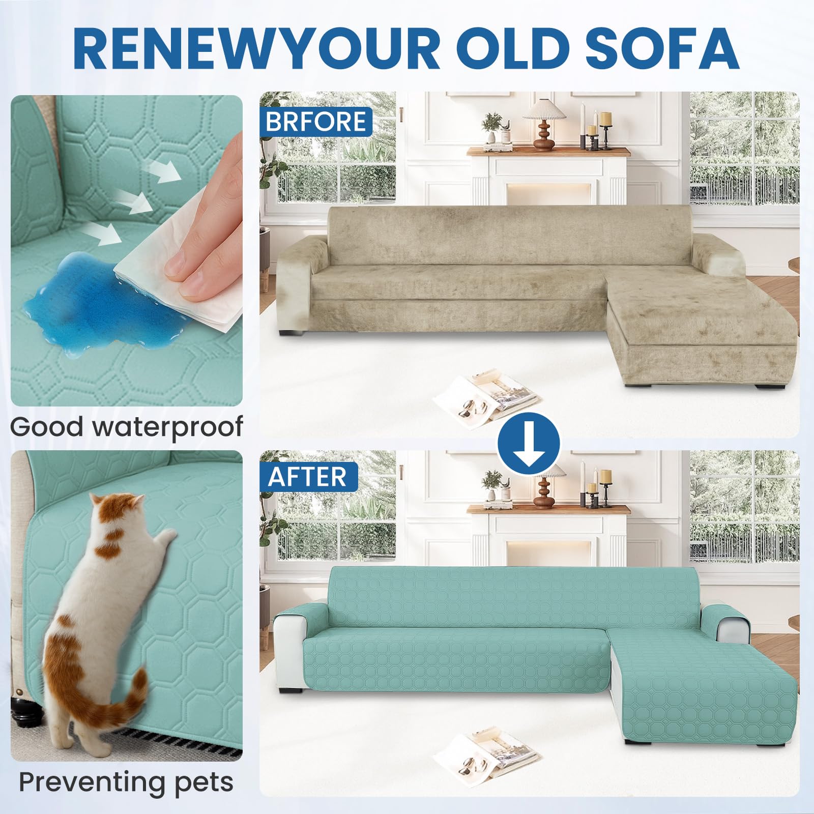 Ystyle Copridivano Impermeabile con Penisola 4 Posti (L 280 CM), Copridivano Angolare Destra/Sinistra Universale Reversibile, Copridivano Chaise longue Antigraffio Antimacchia, Blu Acqua Chiara