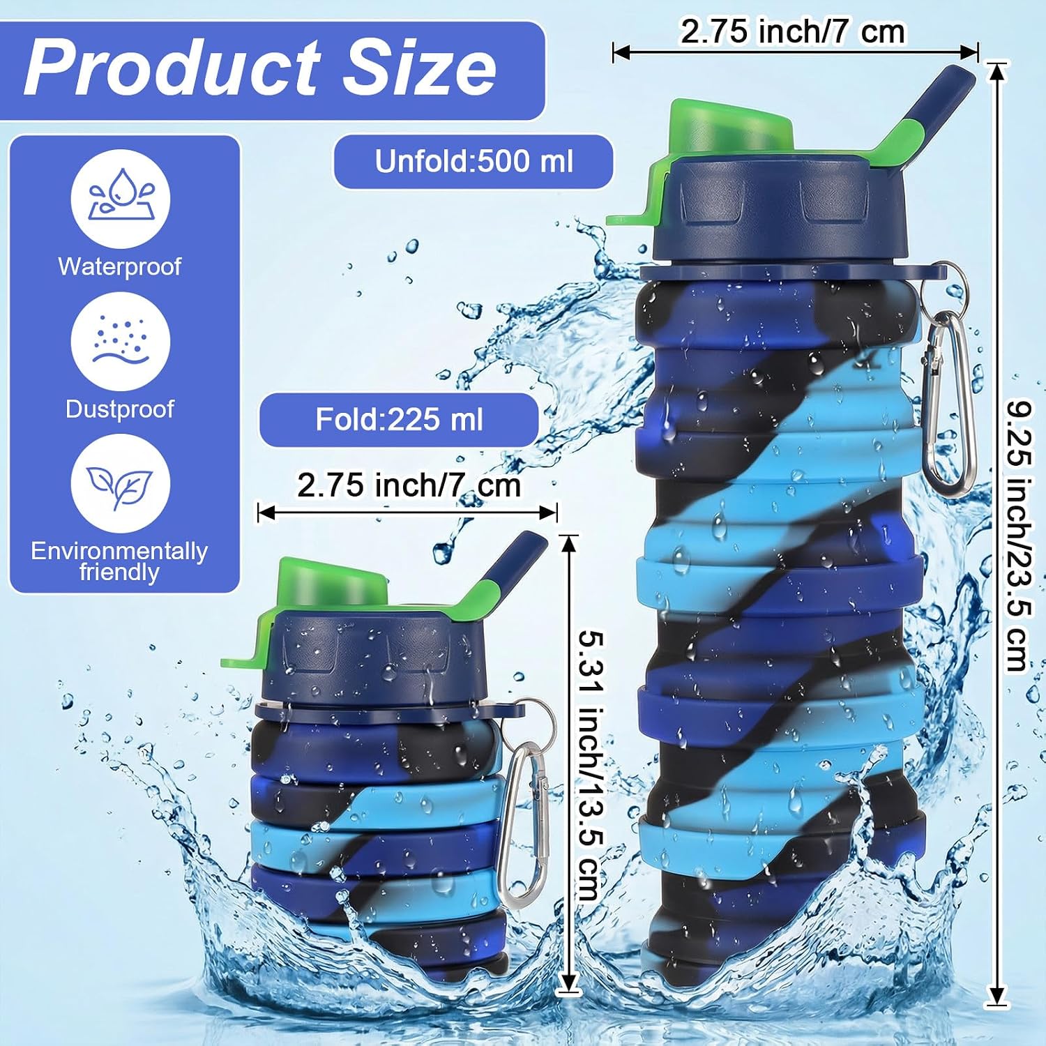 5 Pack Foldable Water Bottles, 16 oz Silicone Reusable Foldable Water Bottle, Portable Leak Proof Travel Sports Bottle with Metal Clip for Camping Hiking Gym, Colorful