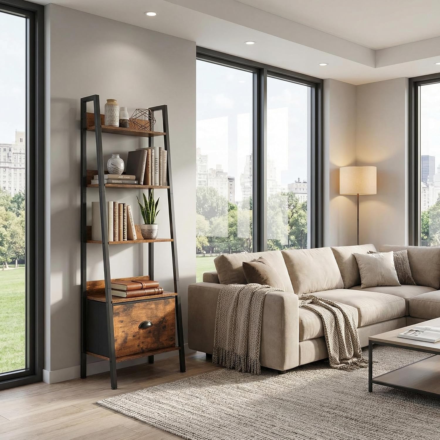 Ladder Shelf, Ladder Bookshelf 5-Tier with Removable Drawer, Rustic Bookcase Storage Rack Organizer, Wood Metal Freestanding Storage Shelves for Living Room, Home Office, Bedroom, Kitchen, Brown