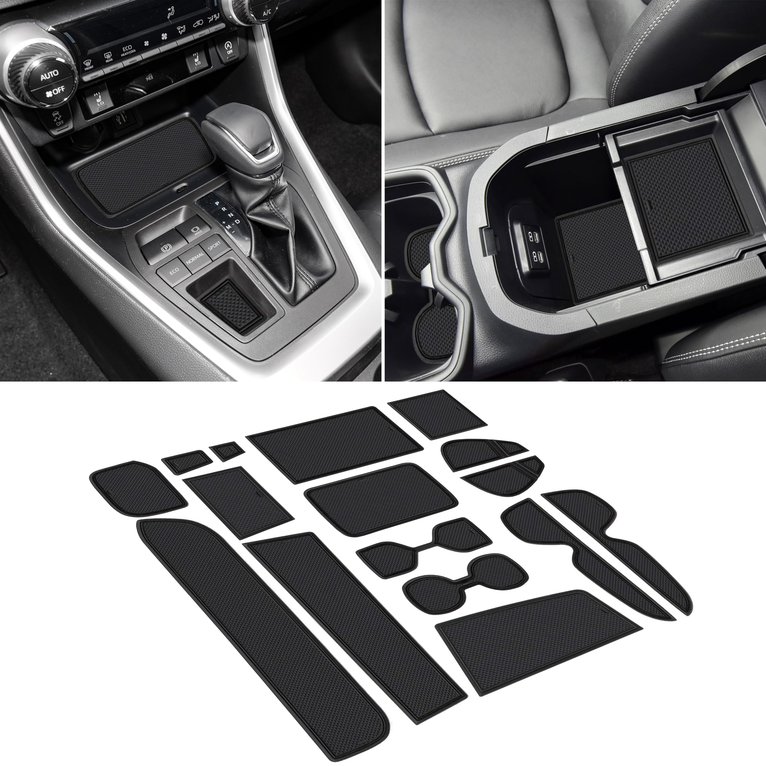 SENSHINECup Holder Insert for Toyota Rav4 Accessories 2019-2023 2024 2025 Center Console Liner Door Pocket Mats Non-Slip Anti Dust Pad Premium Interior 16 Pcs (Black Trim)