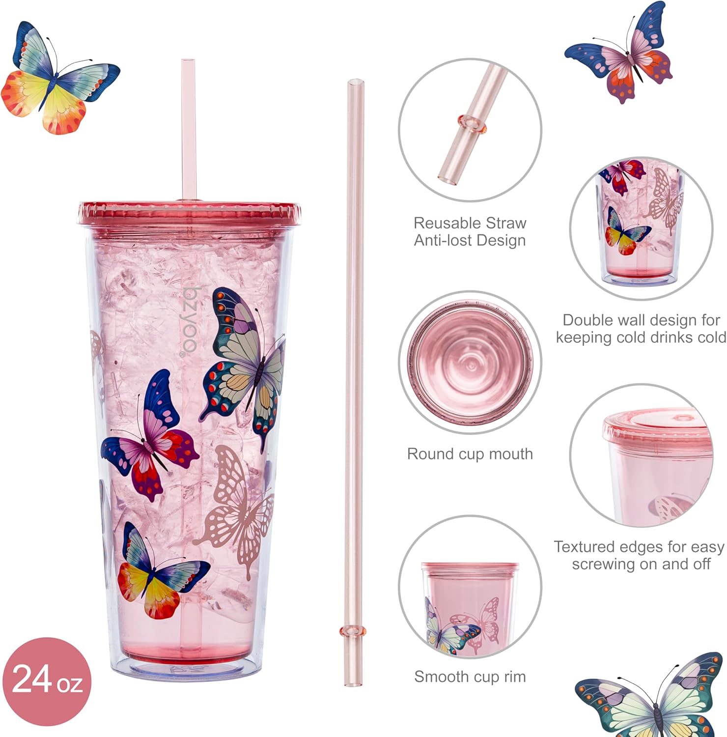 bzyoo Double Wall Tumbler with Straw and Lid Bottle Cold Drink Travel Mug Cup, 24oz (Butterfly Pink) - Image 3