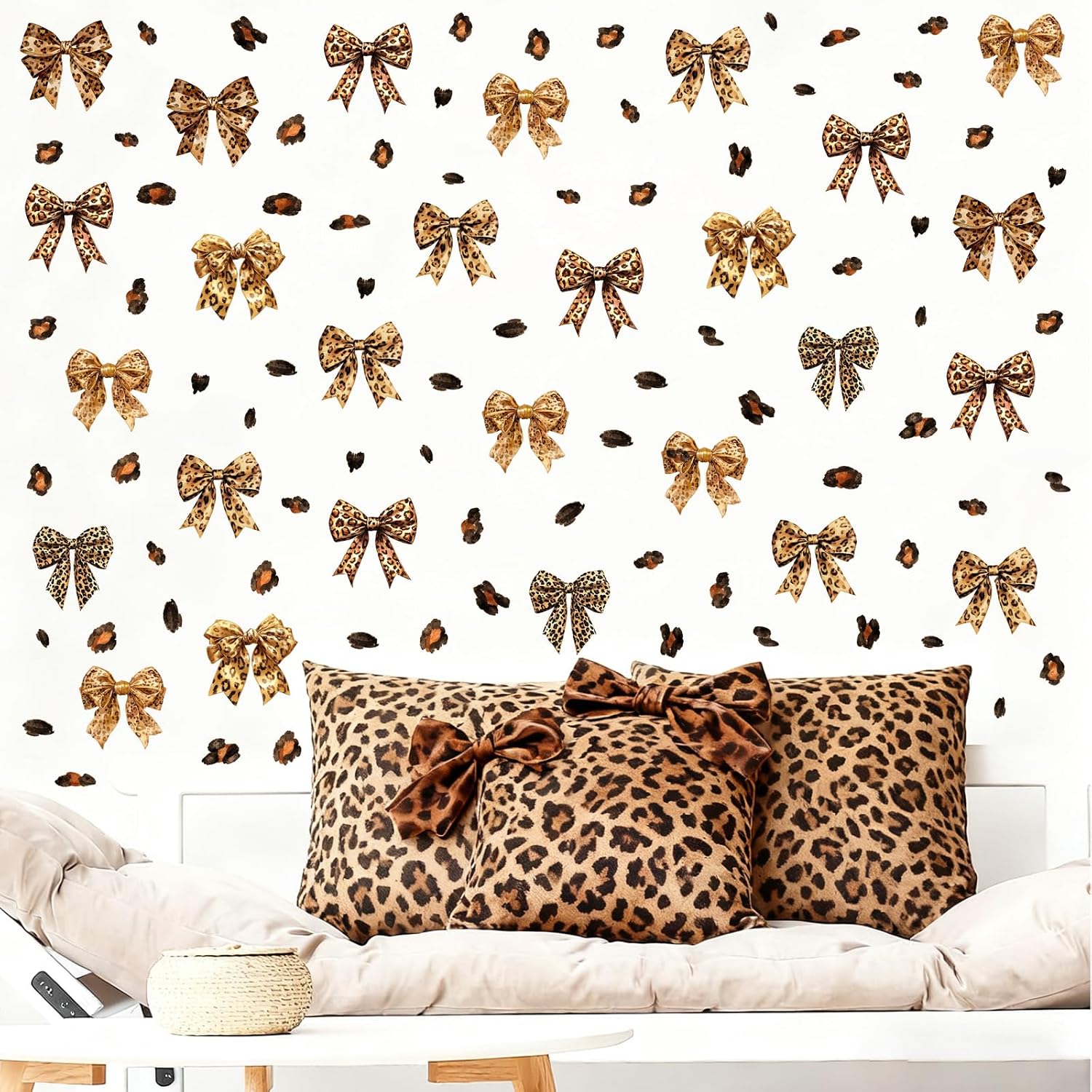 Leopard Bowknot Wall Decals Cheetah Aesthetic Wall Decals Cute Bow Wall Stickers Watercolor Boho Animal Print Dot Stickers Coquette Bowtie Wall Sticker for Girls Room Bedroom Nursery Decor image 2
