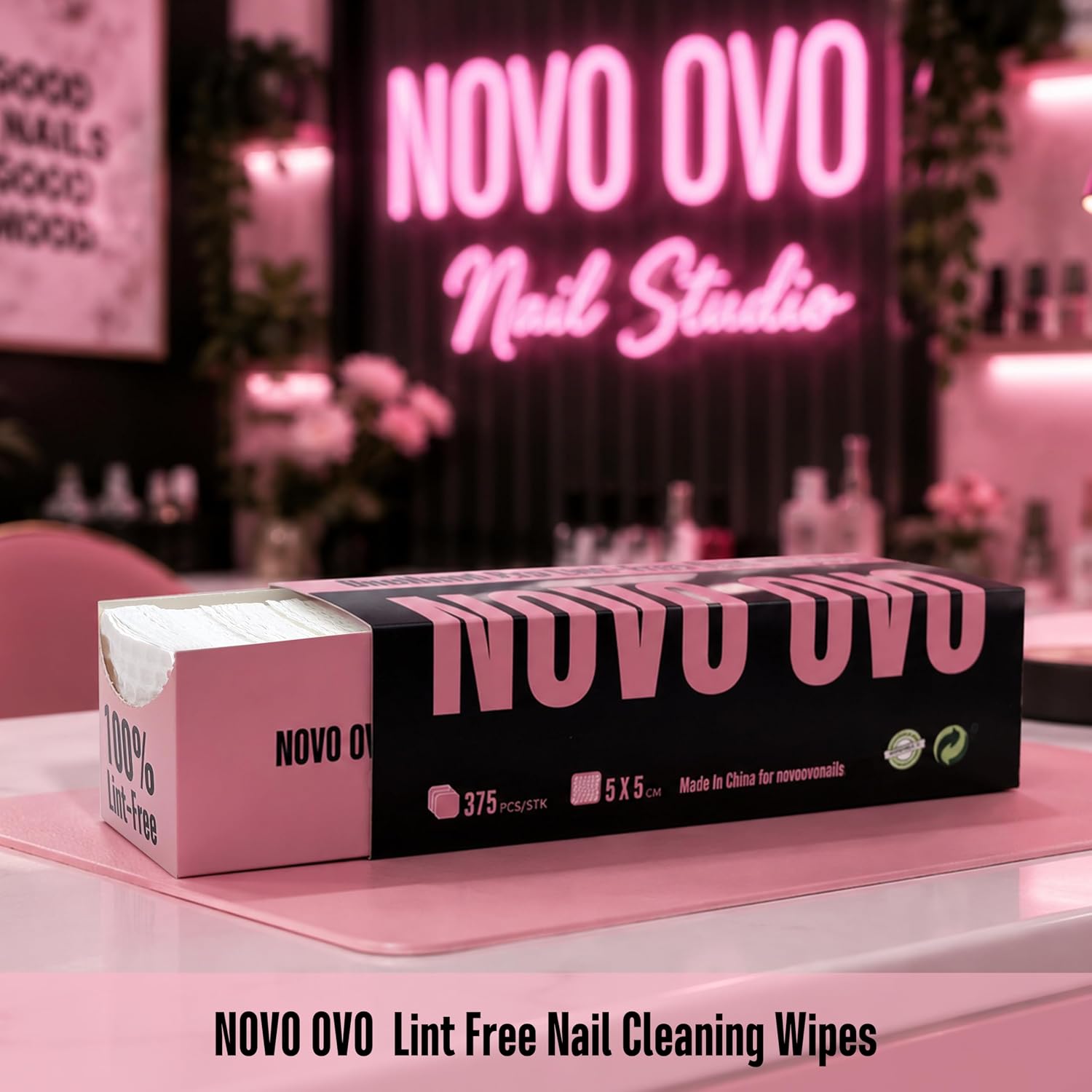 NOVO OVO Lint Free Nail Cleaning Wipes 375PCS- Woodpulp Spunlace Non-Woven Nail Polish Remover Pads, Super Absorbent & Soft Nail Prep Pads for Gel Nails & Professional Manicure DIY (5x5cm)