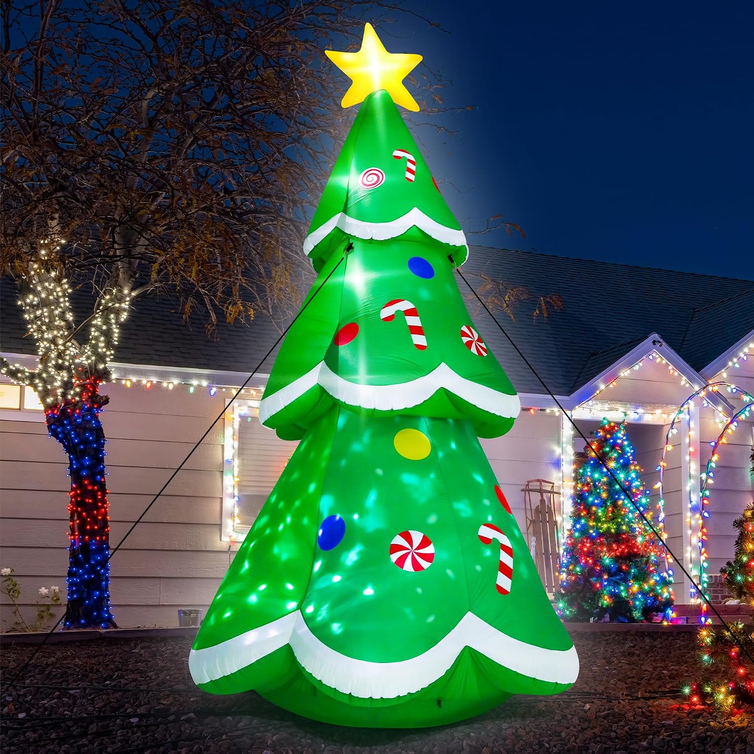 14FT Christmas Inflatable Decorations, Giant Blow Up Xmas Tree, Lighted Up Christmas Tree Inflatables with Rotating Snowflake Lamp, Colorful Yard Decoration for Xmas Holiday Lawn Party