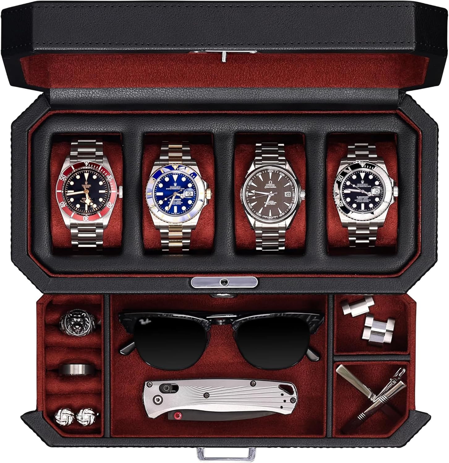 ROTHWELL 4 Slot Leather Watch Box with Valet Drawer - Luxury Case Display Jewelry Organizer, Locking Display Case Holder with Real Glass Top - Watch Box Organizer for Men & Women (Red)