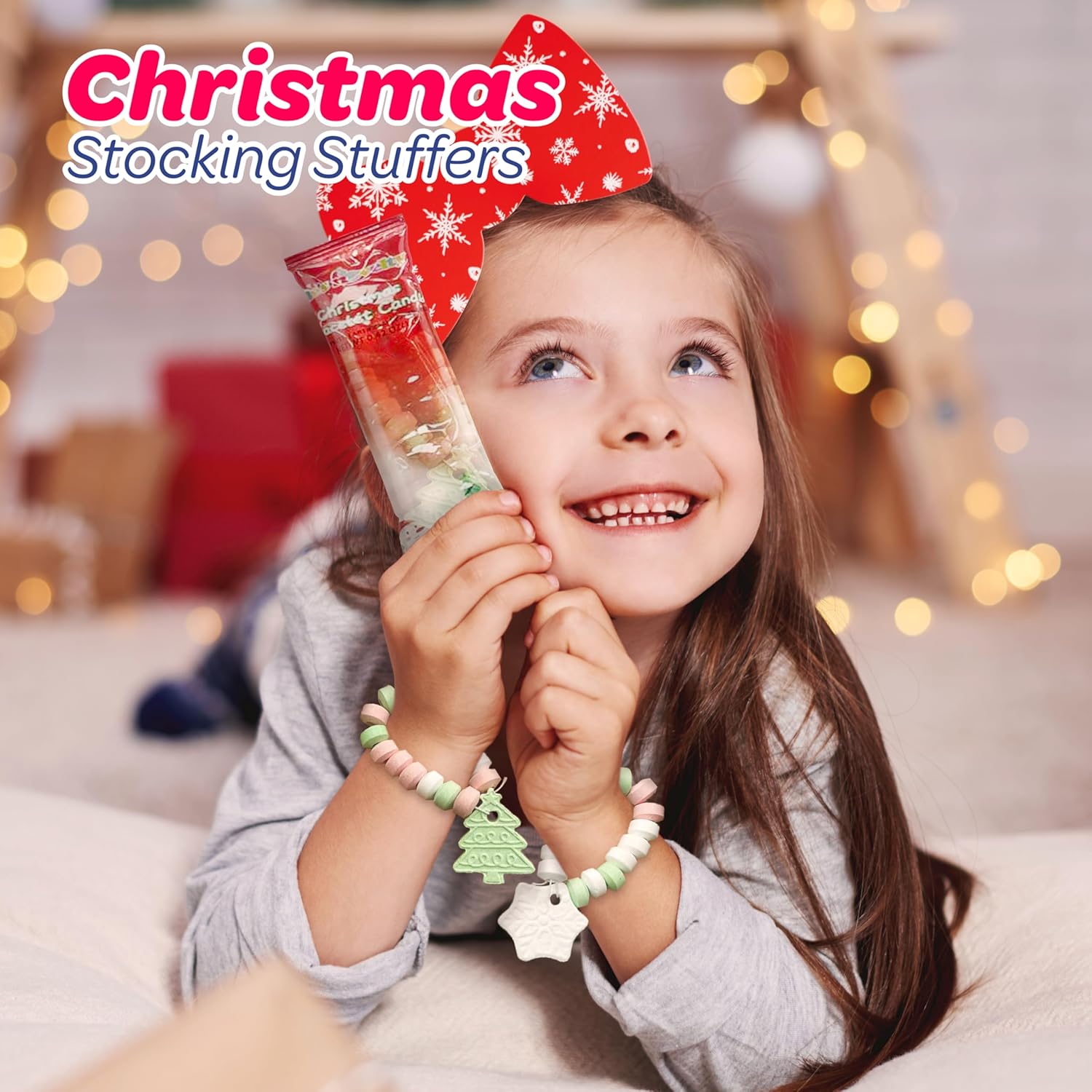 4E's Novelty Christmas Candy Bracelets - 30 Pack Stretchable Bulk Candies Individually Wrapped, Fun Christmas Stocking Stuffers & Party Favor Candy for Kids (Santa, Tree & Snowflake)