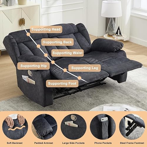 Miniatura 4 de Sofá biplaza reclinable de 58.3 pulgadas, sofá reclinable de dos plazas para autocaravana, asiento de cine en casa con bolsillos laterales para sala