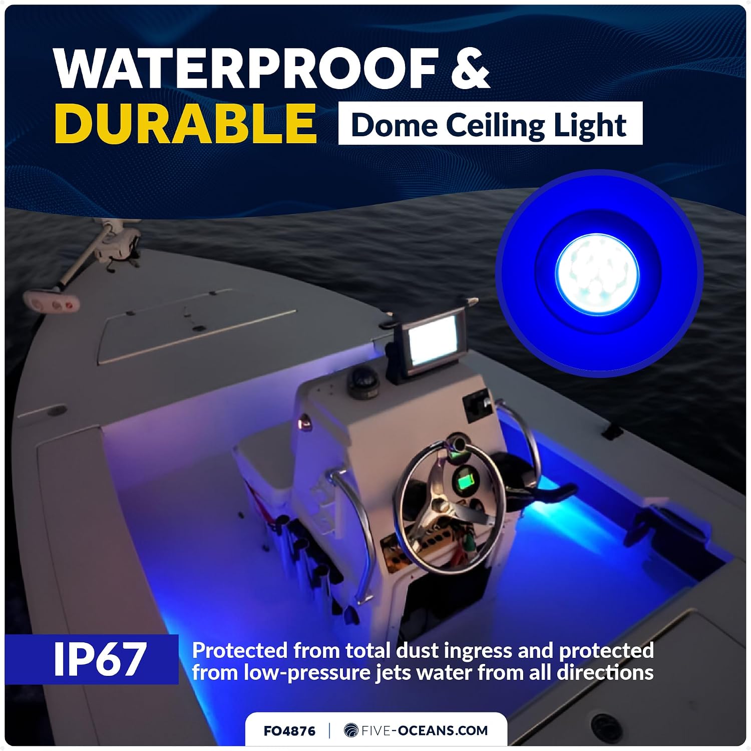 Five Oceans RGBW Internal Driver LED Interior Dome Ceiling Light, 2-3/4" Round, IP67 Waterproof, 12V, Flush Mount, Boat Courtesy Light Interior Exterior for Pontoon, Boats, RVs - FO4876