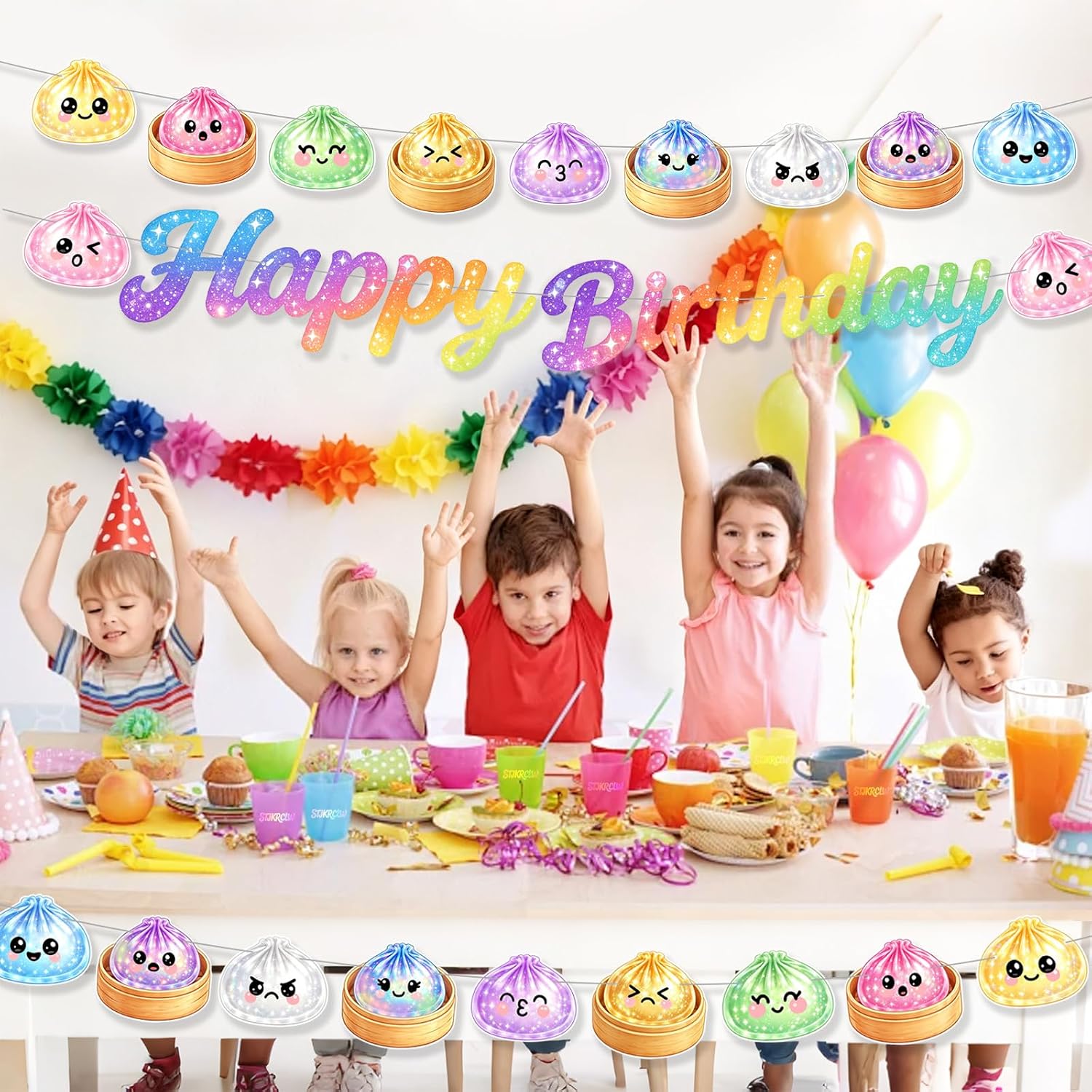 Paper Squishy Birthday Decorations Happy Birthday Banner Dumpling Birthday Party Decorations Dumpling Themed Bun Pattern Banner Birthday Party Dimsum Bun Food Theme Party Decoration
