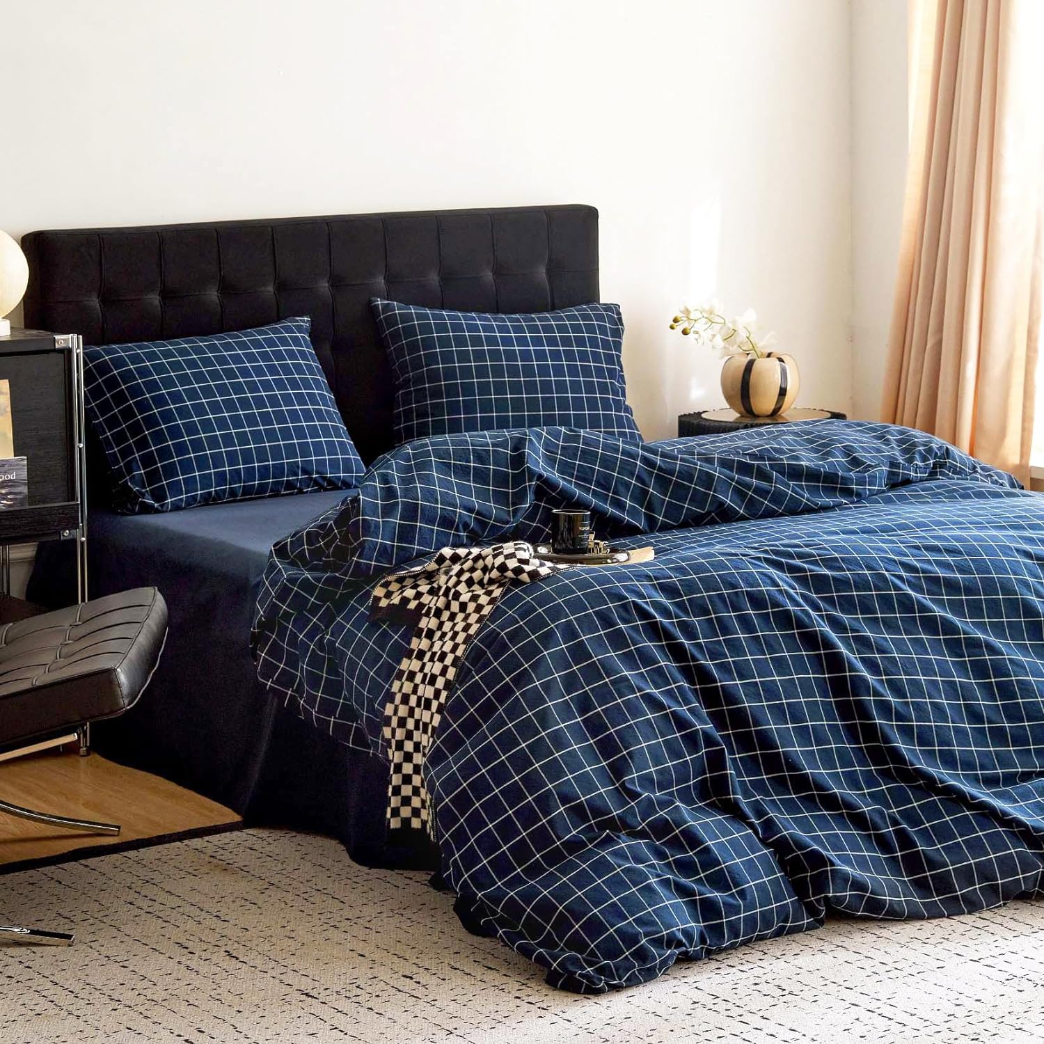 Wake In Cloud - Grid Cotton Duvet Cover Set, Plaid Checkered Geometric Farmhouse, 100% Washed Cotton Textured Bedding Set, 3 Pieces, Navy Blue, Queen Size