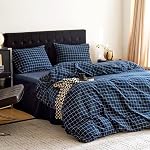 Ensemble de housse de couette en coton Wake In Cloud Grid, bleu marine, reine | 100 % coton lavé, motif géométrique à carreaux, style ferme, ensemble de literie texturé, 3 pièces